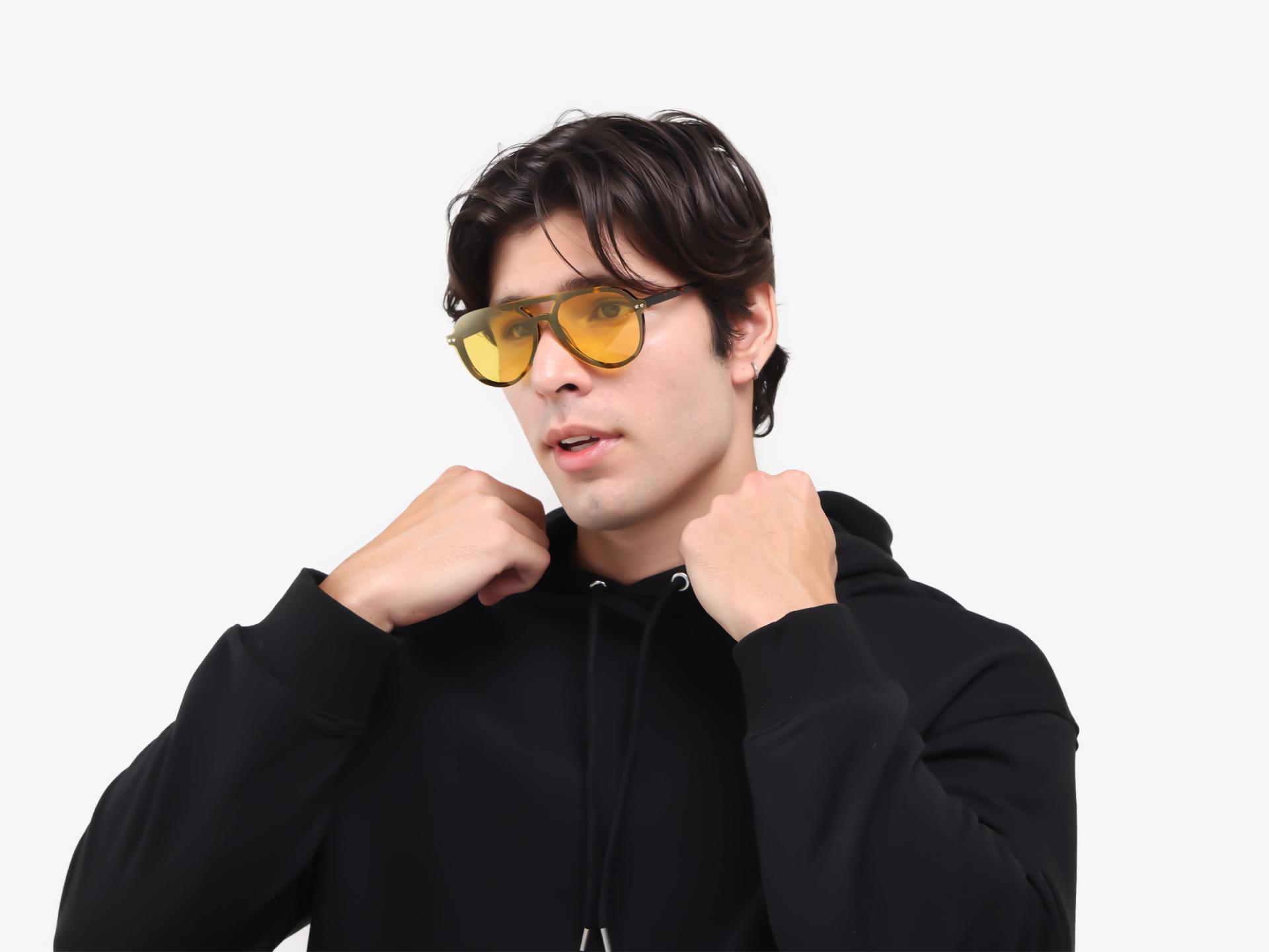 Tortoise Pilot Frame with Green & Yellow Clip-On