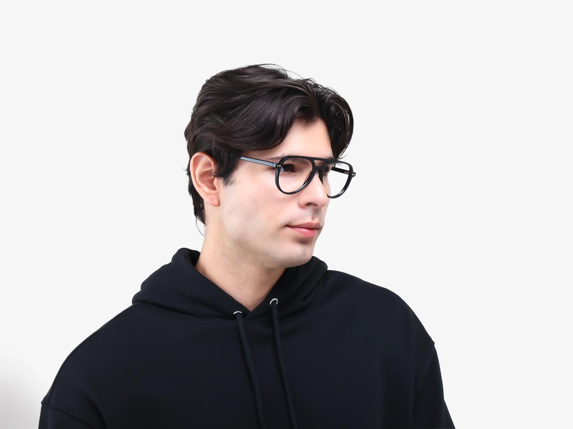 Black Pilot Double Bridge Clip-On Glasses