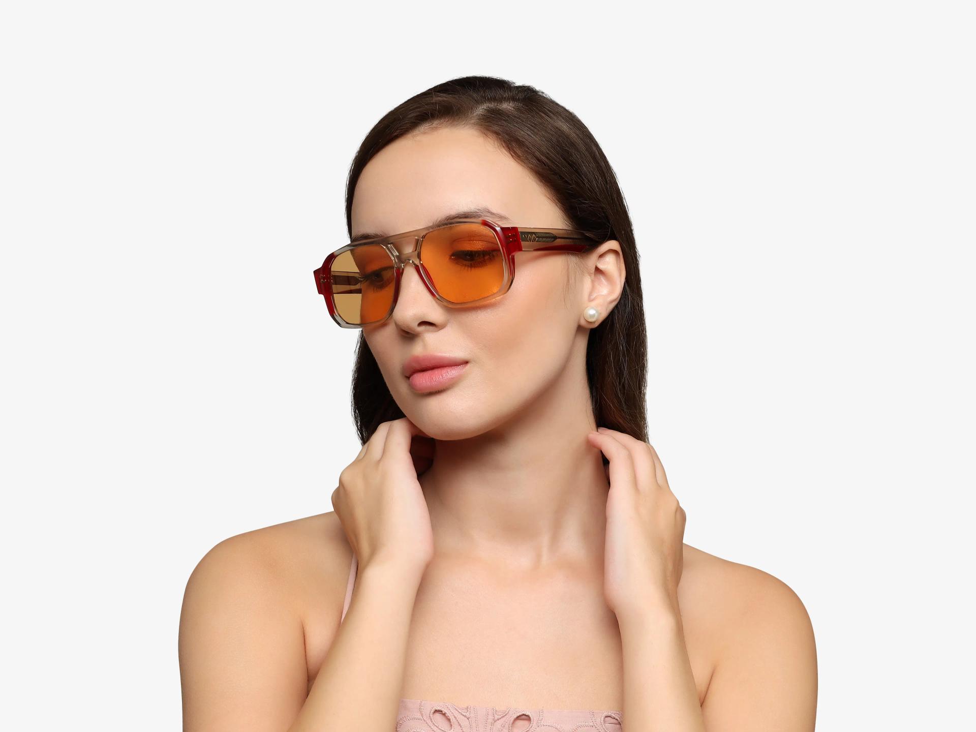 Crystal Grey & Red Double Bridge Square Sunglasses