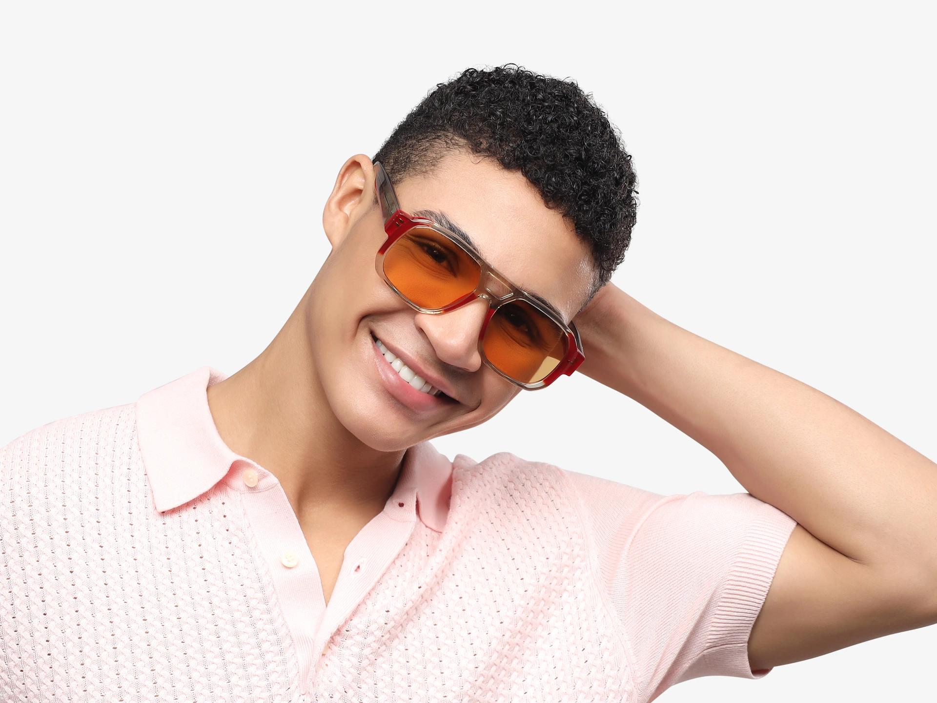 Crystal Grey & Red Double Bridge Square Sunglasses
