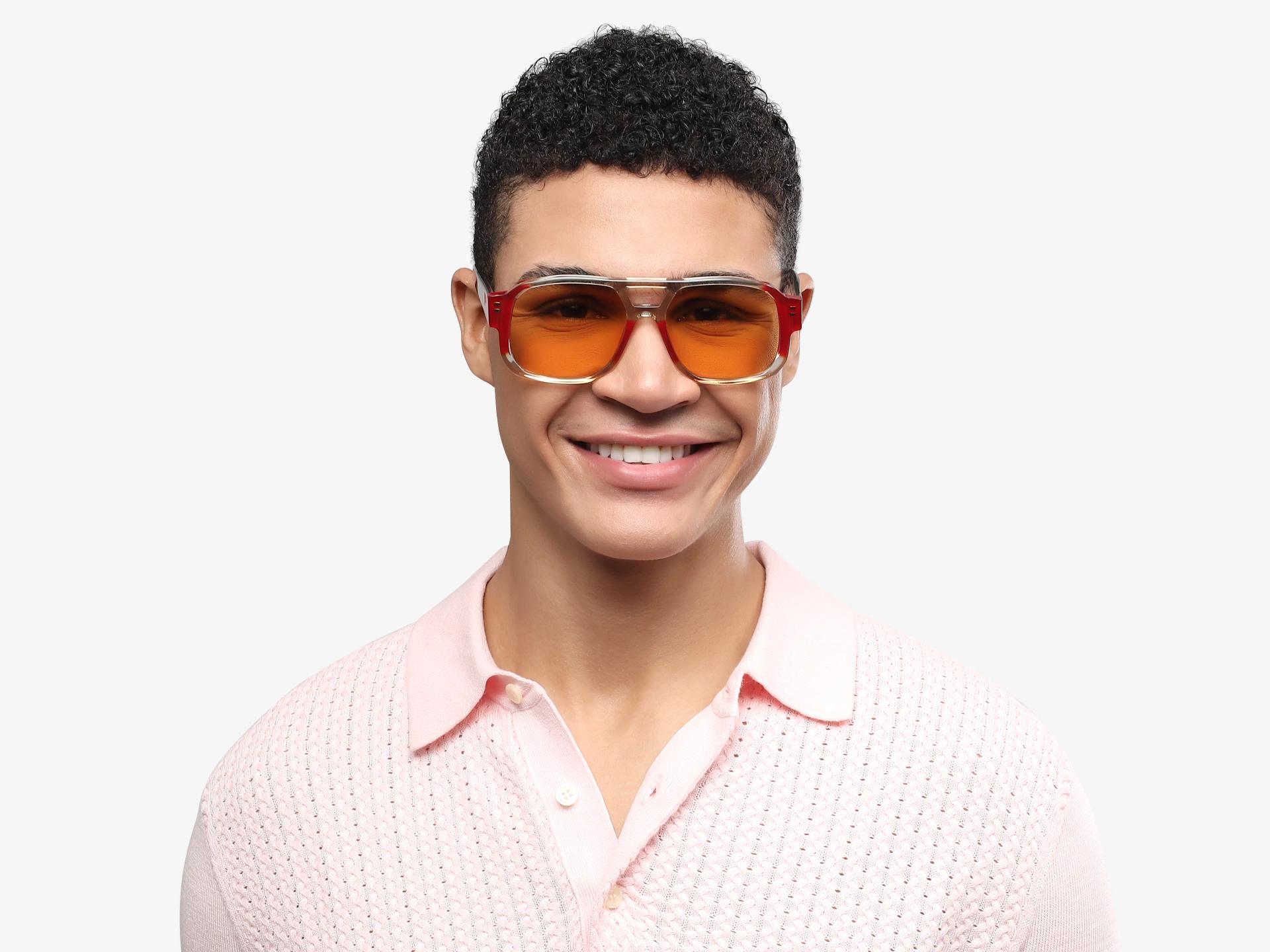 Crystal Grey & Red Double Bridge Square Sunglasses