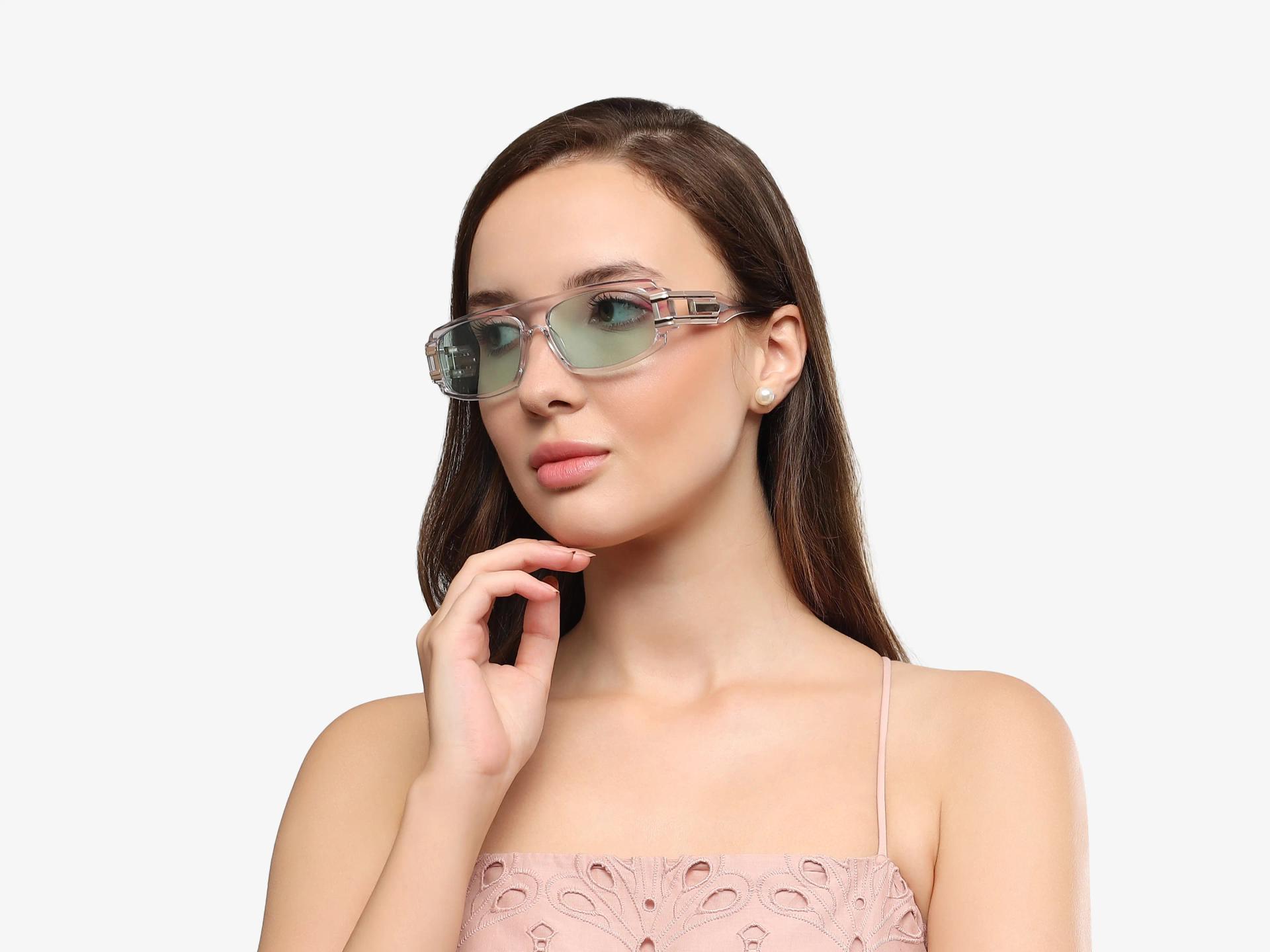 Oversized Crystal Clear Light Green Frame With Grey Tint Sungasses