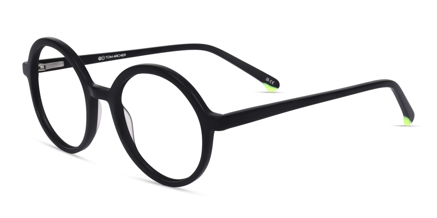 Matte Black Round Acetate Glasses with Spring Hinges