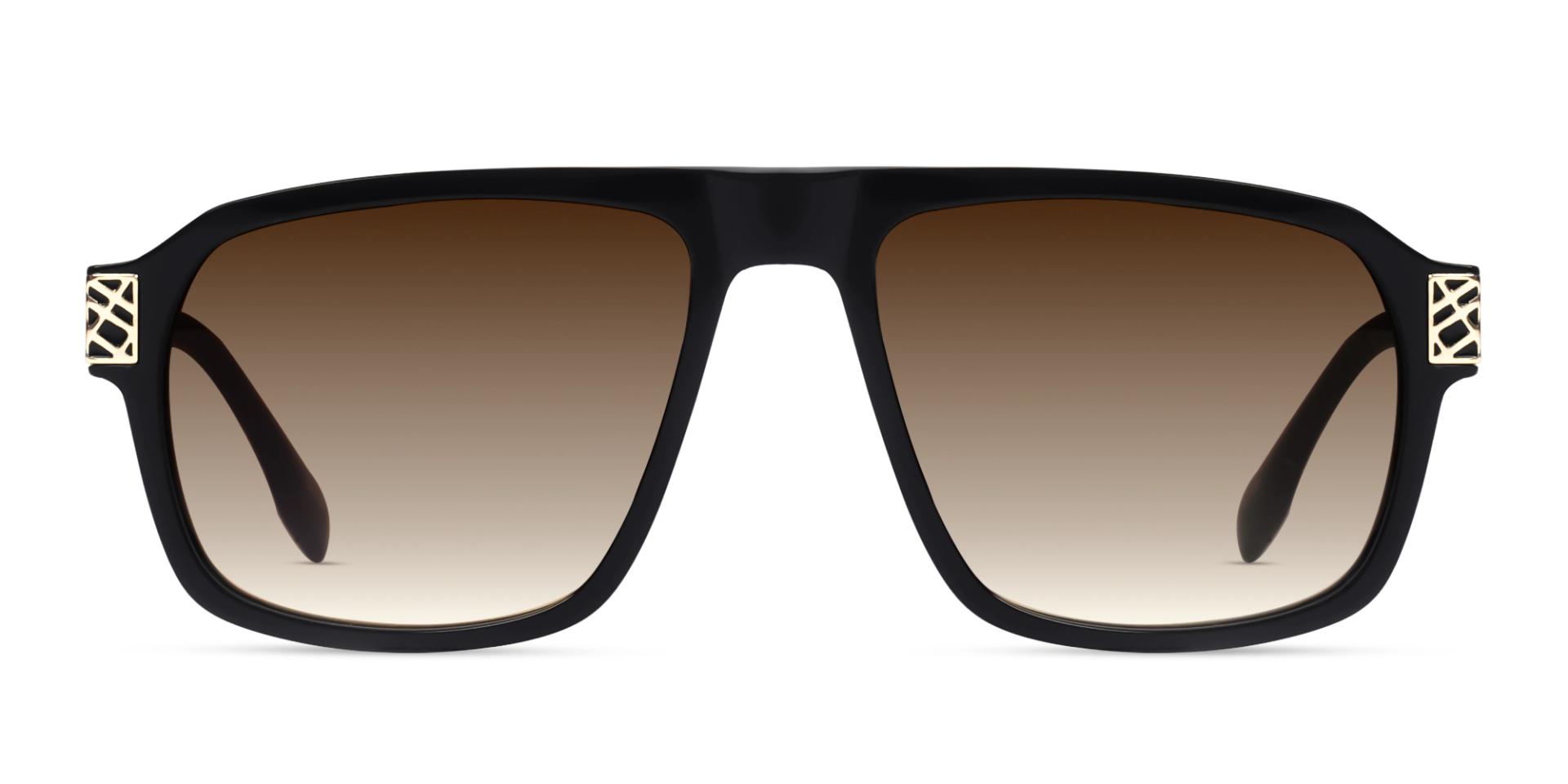 Black & Gold Square Pilot Sunglasses With Brown Tint