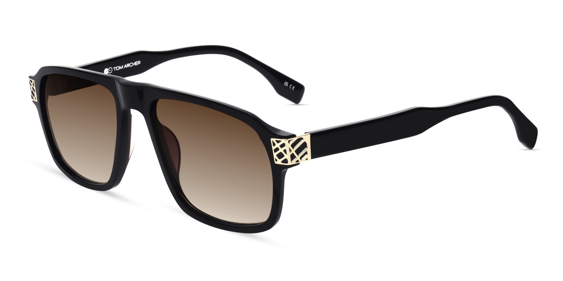 Black & Gold Square Pilot Sunglasses With Brown Tint