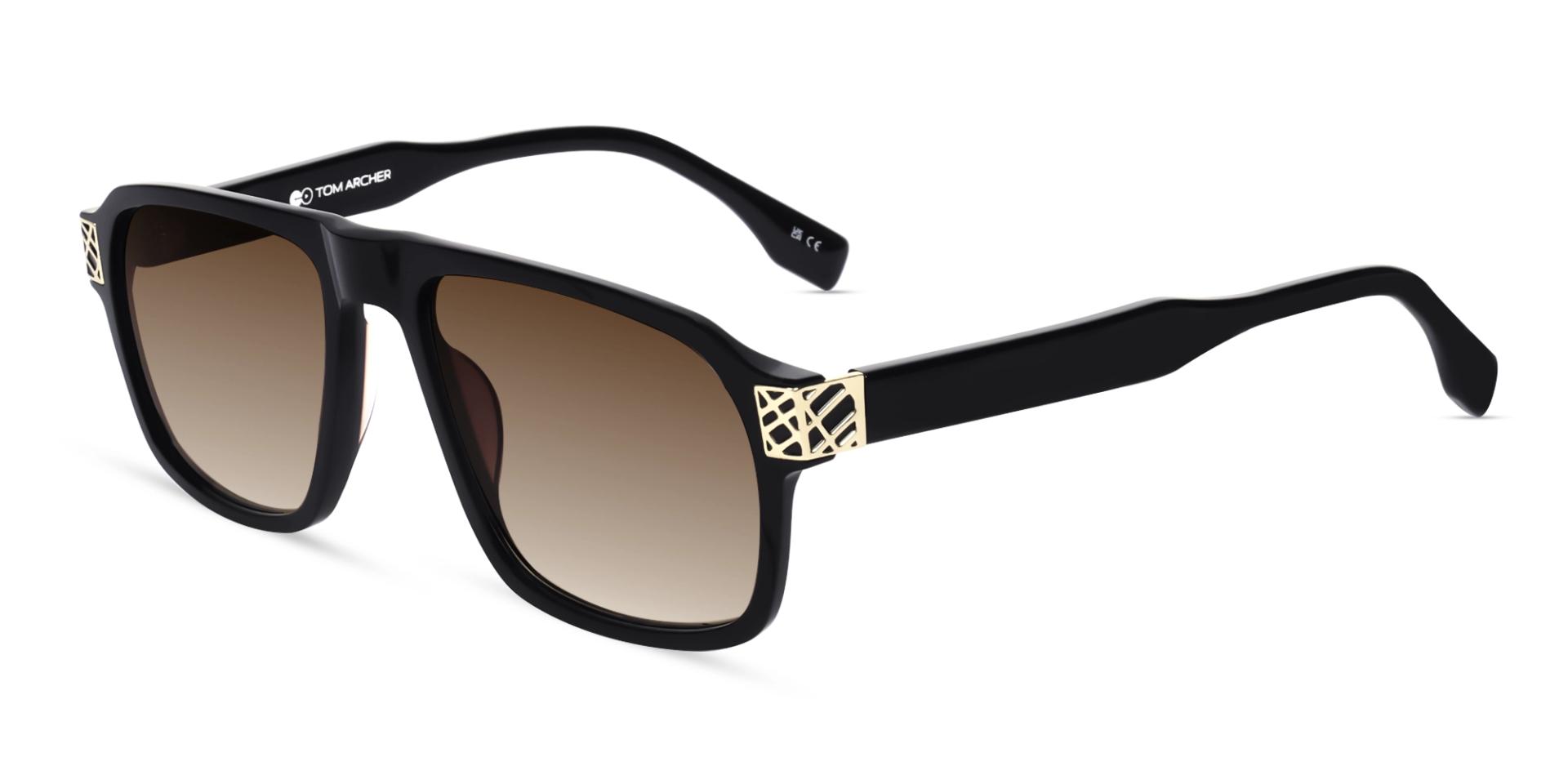 Black & Gold Square Pilot Sunglasses With Brown Tint