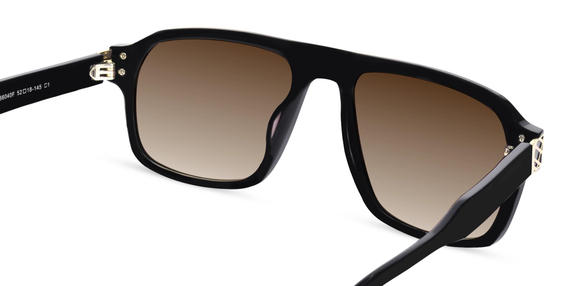 Black & Gold Square Pilot Sunglasses With Brown Tint