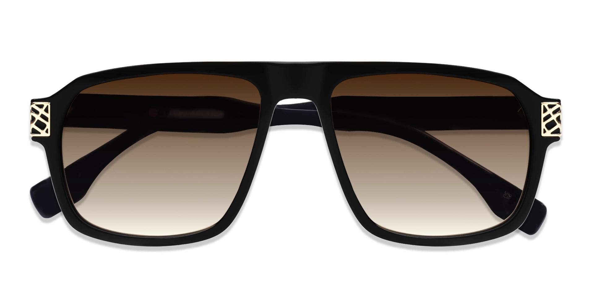 Black & Gold Square Pilot Sunglasses With Brown Tint