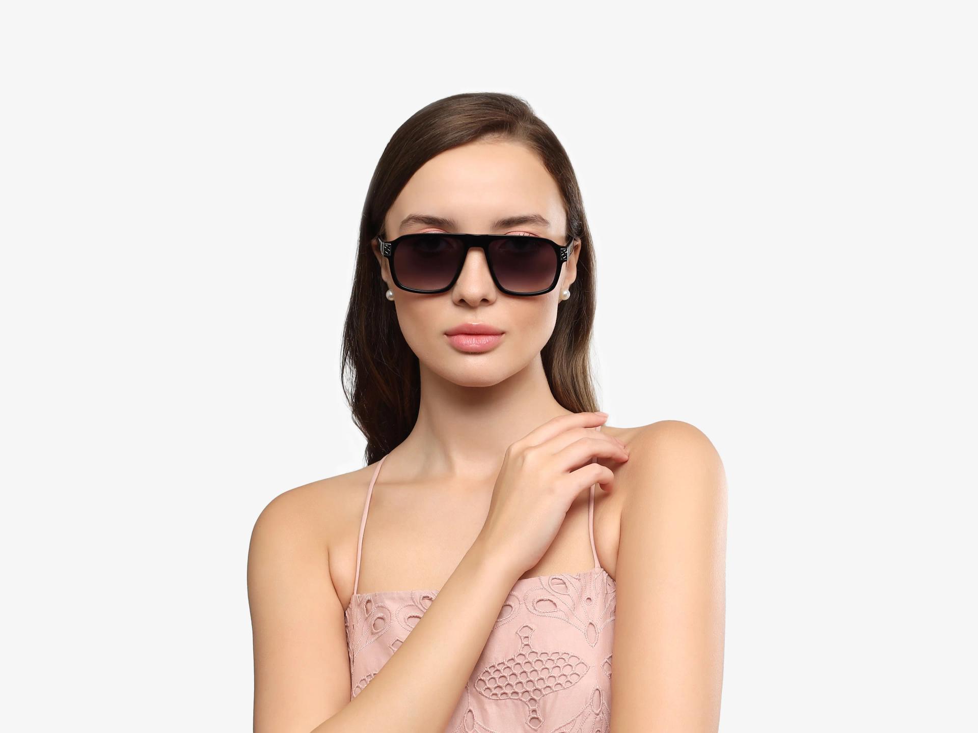 Black & Gold Square Pilot Sunglasses With Brown Tint