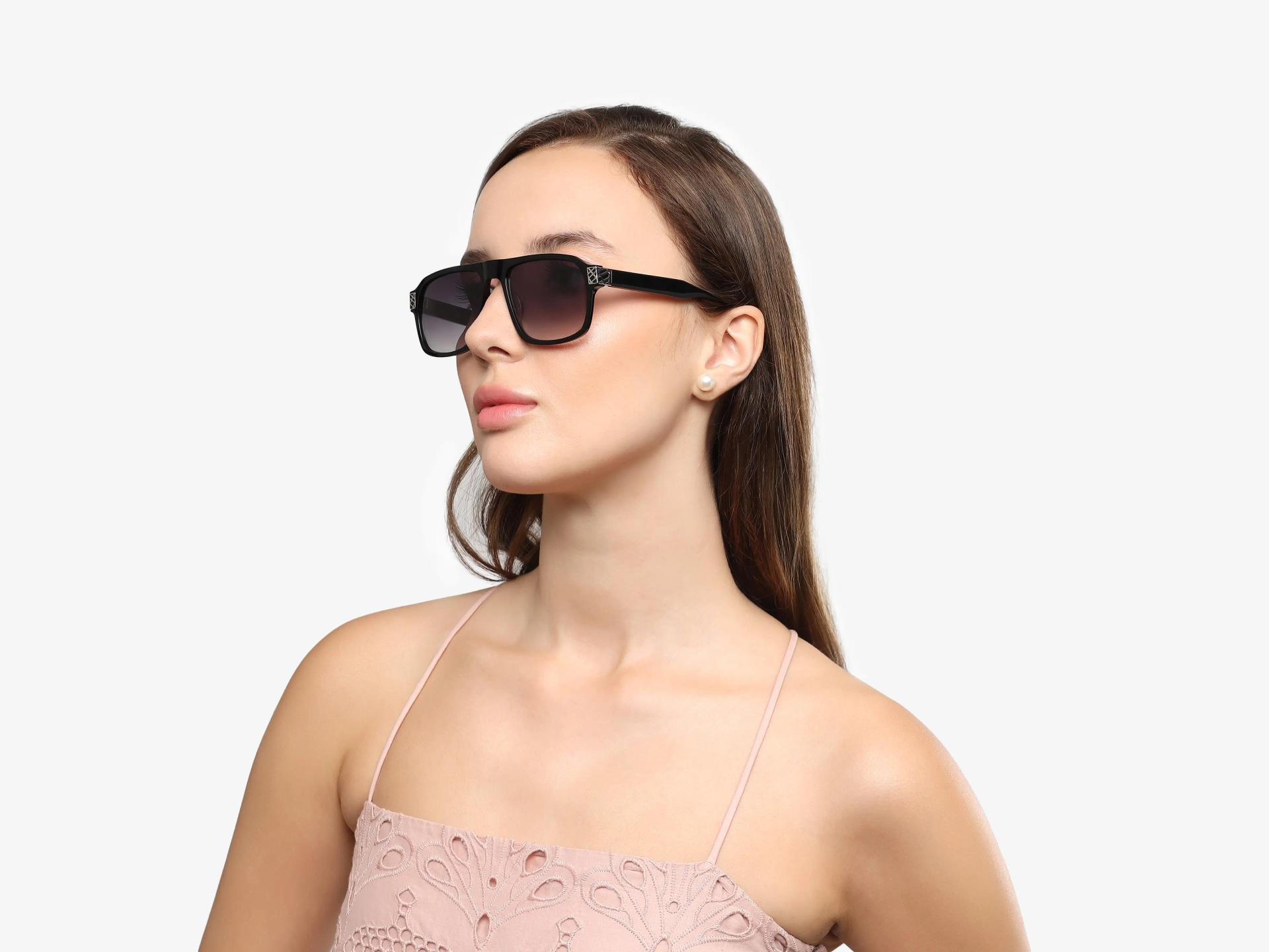 Black & Gold Square Pilot Sunglasses With Brown Tint