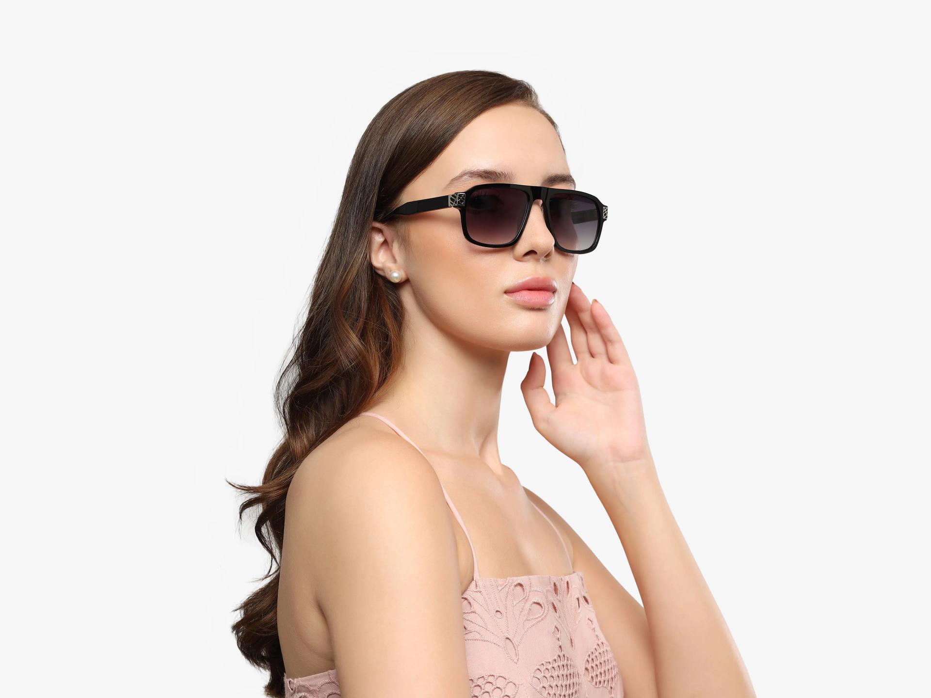 Black & Gold Square Pilot Sunglasses With Brown Tint