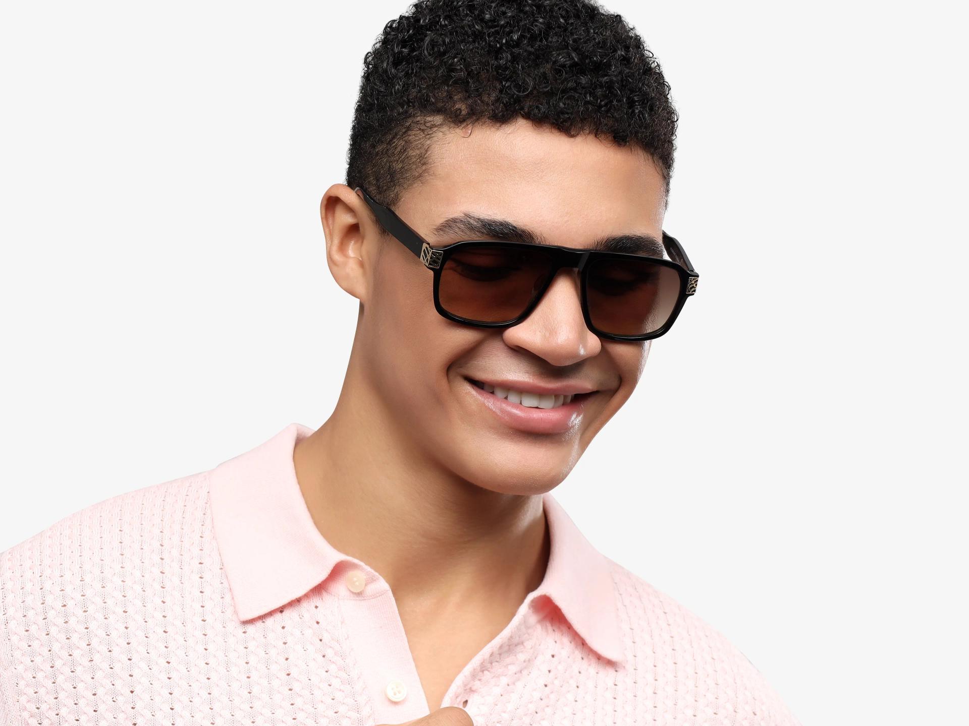 Black & Gold Square Pilot Sunglasses With Brown Tint