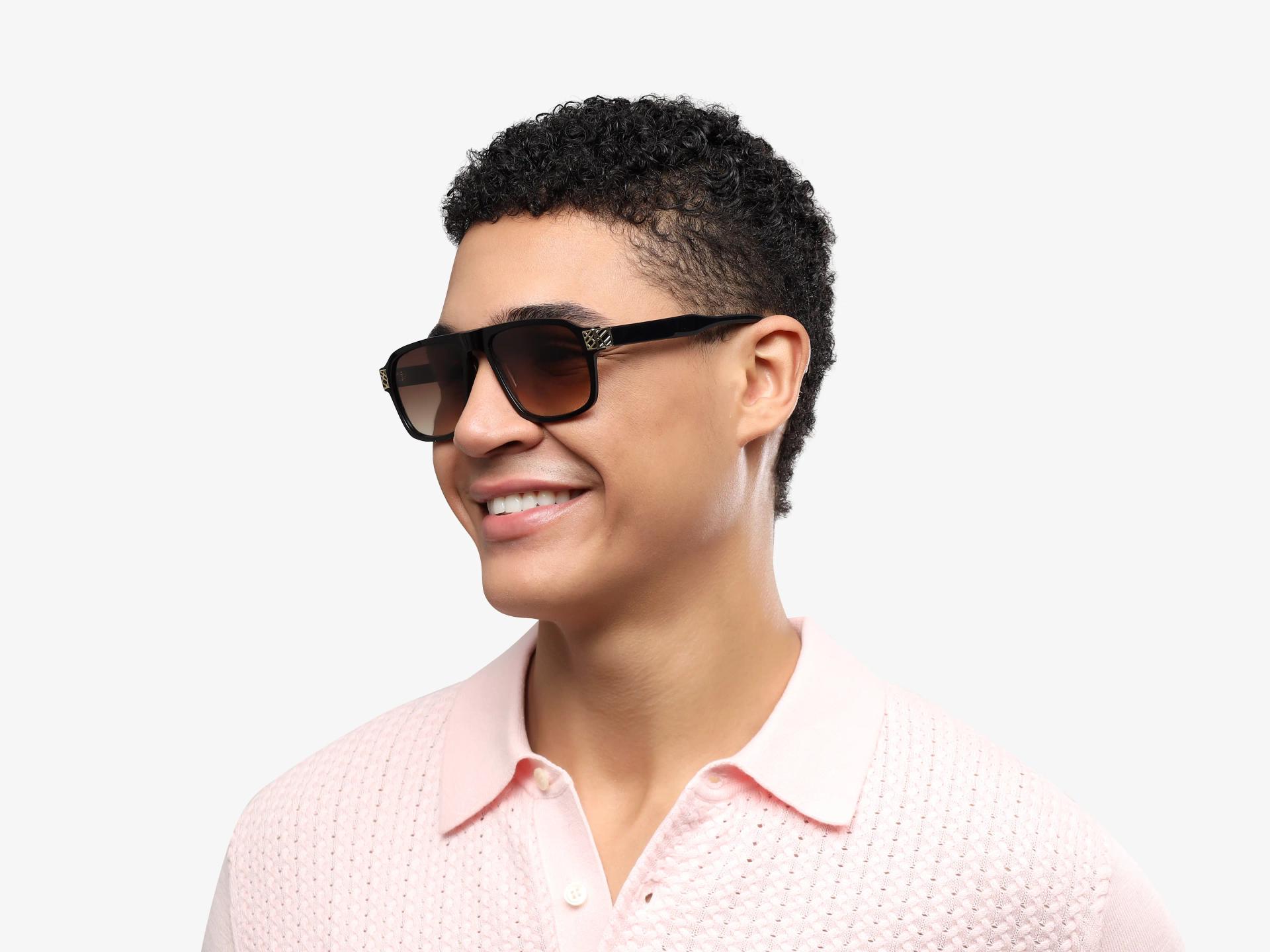 Black & Gold Square Pilot Sunglasses With Brown Tint