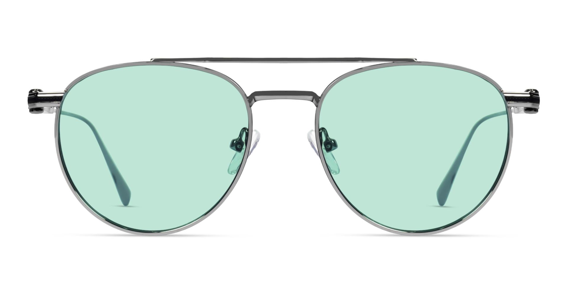 Silver Double Bridge Frame With Green Tint Sunglasses