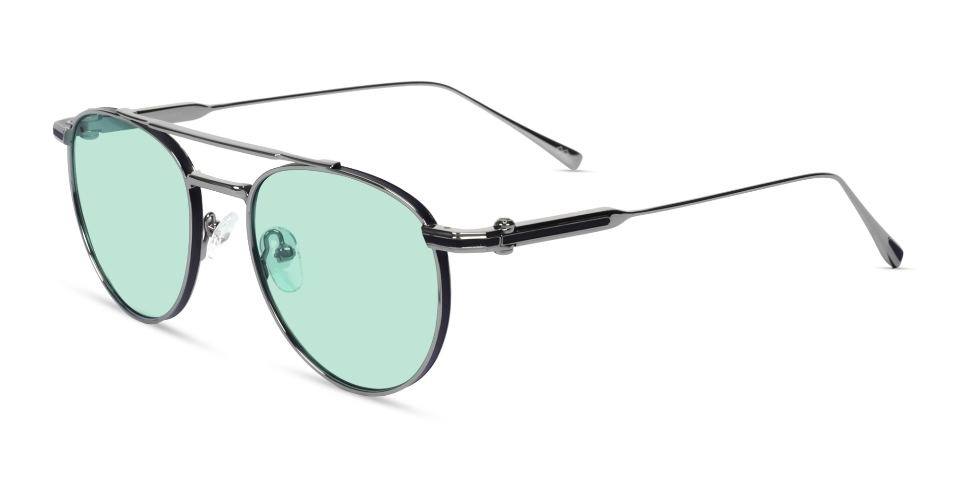 Silver Double Bridge Frame With Green Tint Sunglasses Silver Double Bridge Frame With Green Tint Sunglasses