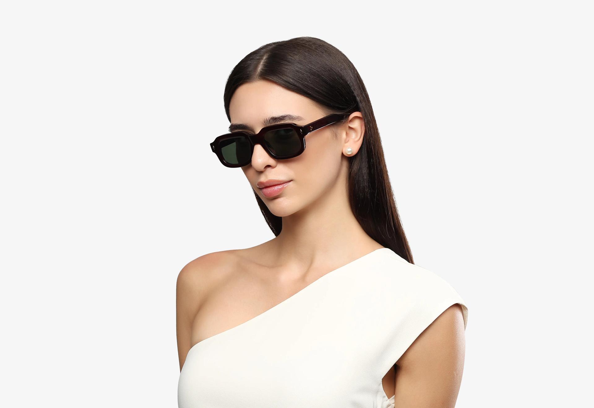 Dark Maroon Thick Frame Sunglasses With Green Tint-1