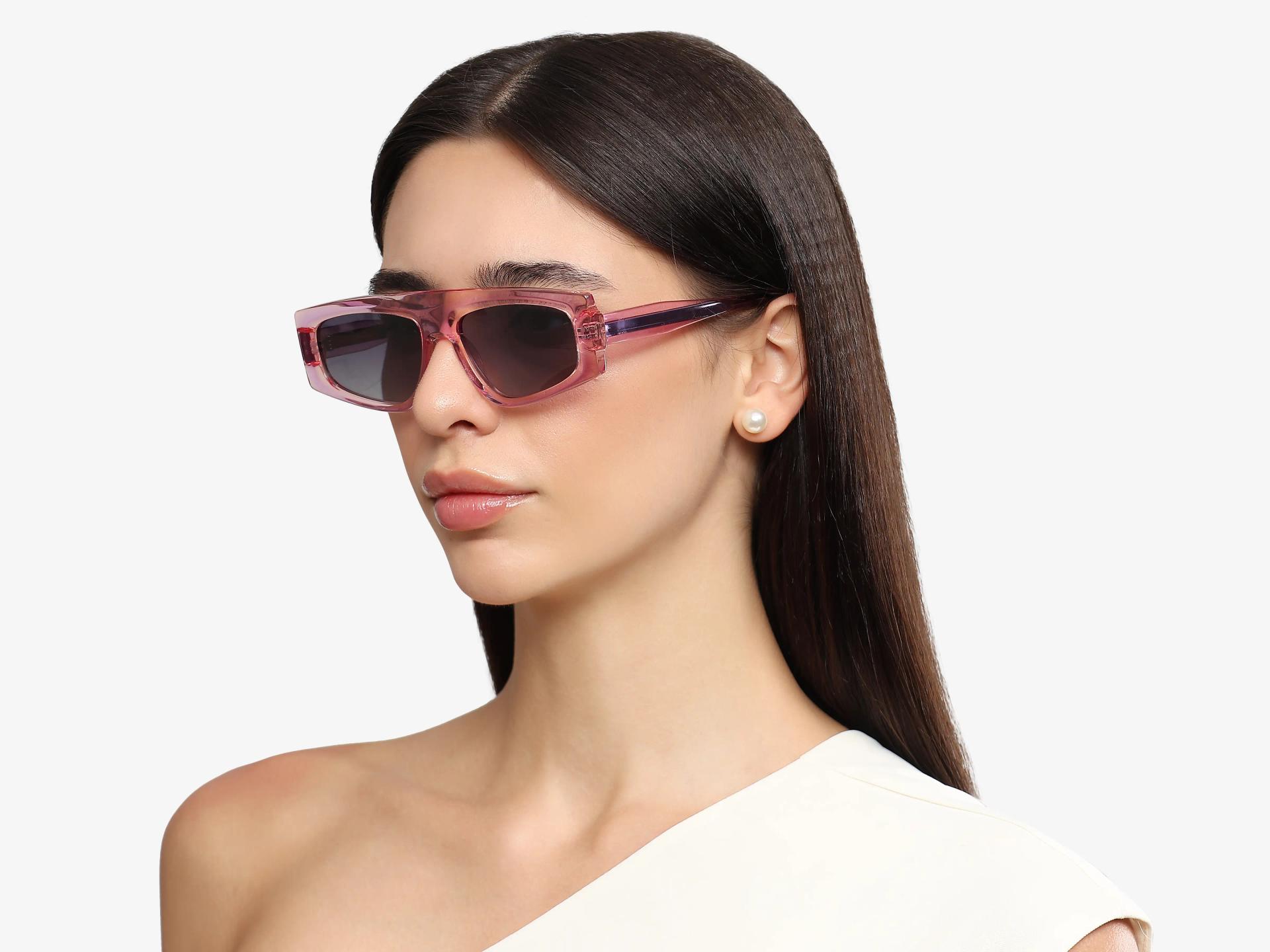 Pink Flat-Top Geometric Acetate Sunglasses With Grey Lenses-1