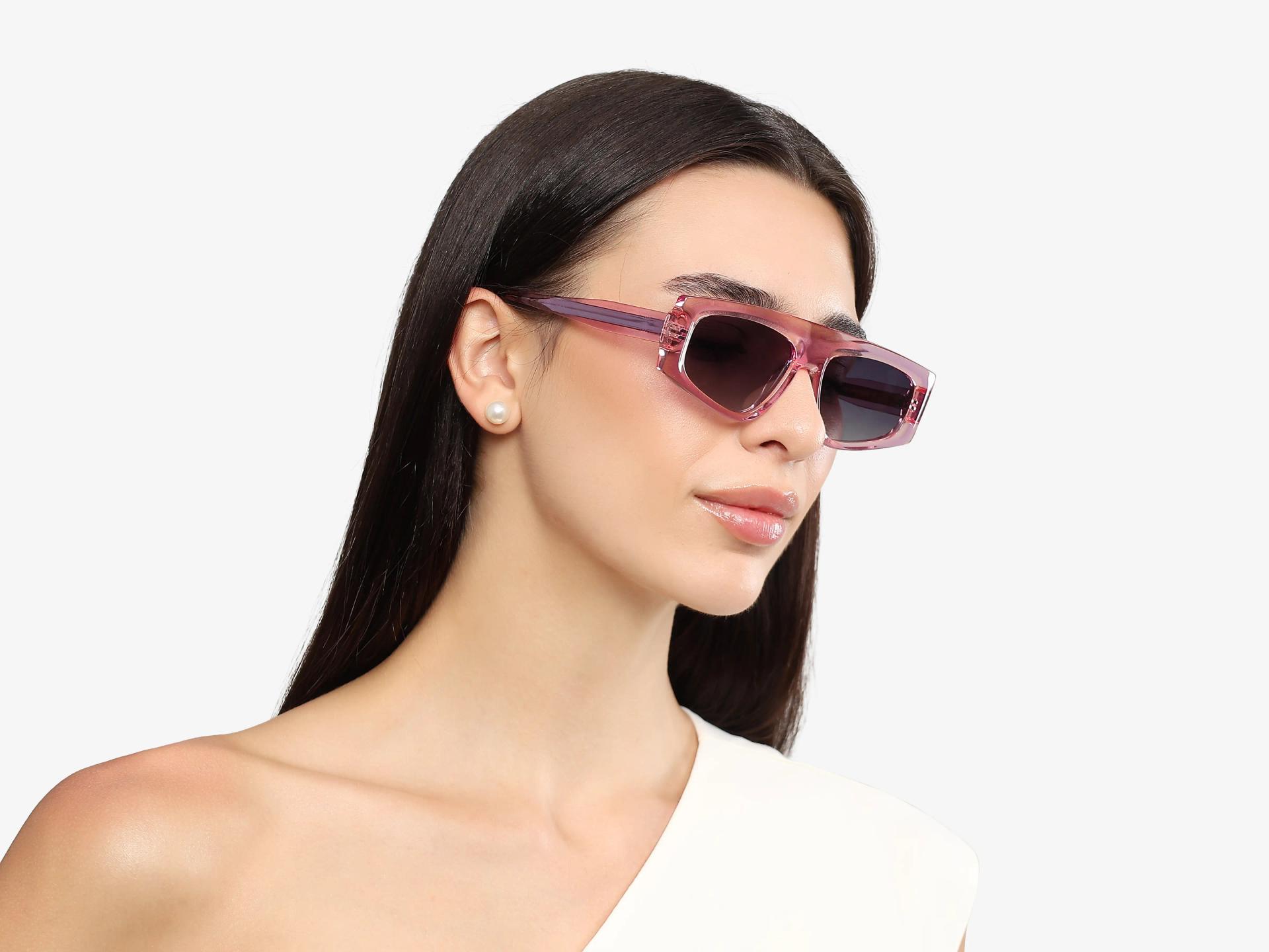 Pink Flat-Top Geometric Acetate Sunglasses With Grey Lenses-1
