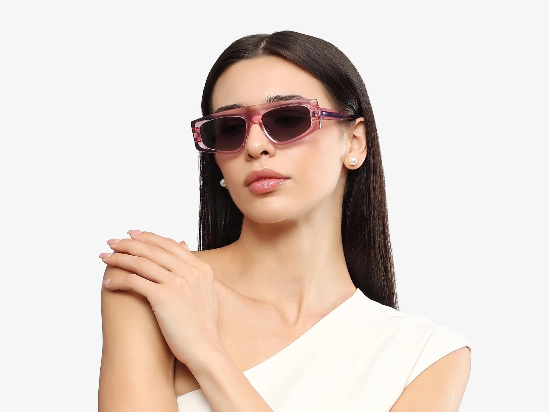 Pink Flat-Top Geometric Acetate Sunglasses With Grey Lenses-1