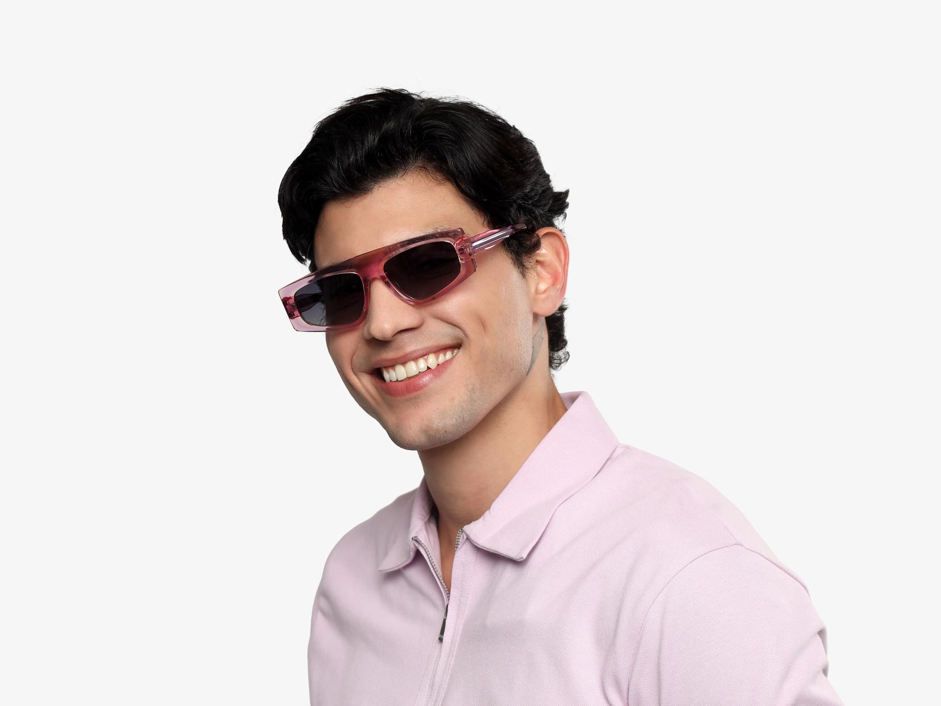 Pink Flat-Top Geometric Acetate Sunglasses With Grey Lenses-1