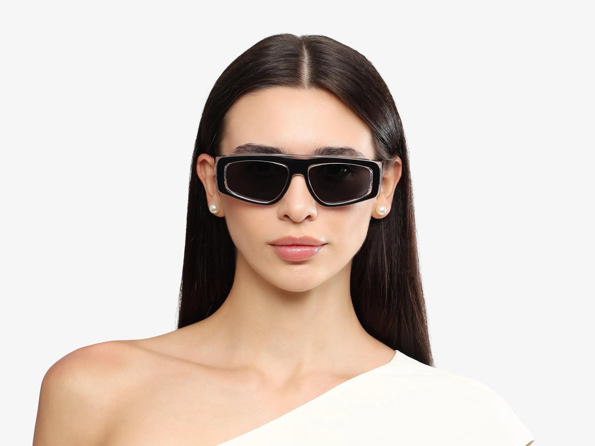 Black Flat-Top Geometric Unisex Sunglasses With Grey Tint-1