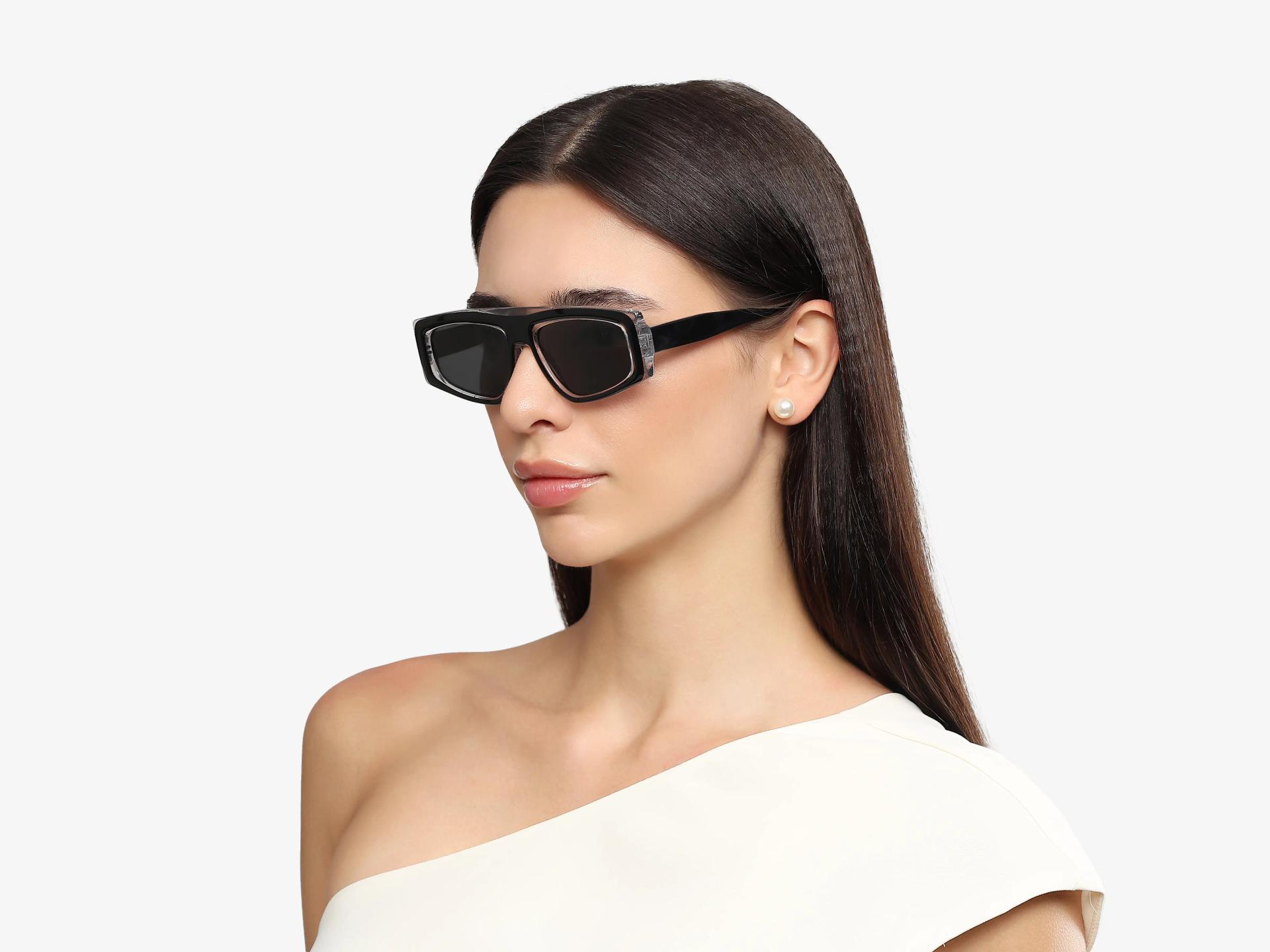 Black Flat-Top Geometric Unisex Sunglasses With Grey Tint-1