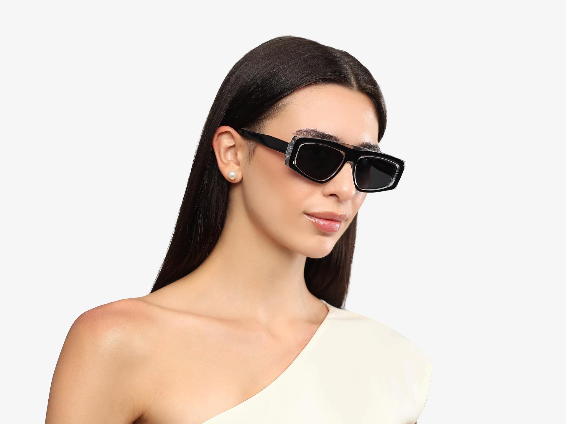 Black Flat-Top Geometric Unisex Sunglasses With Grey Tint-1
