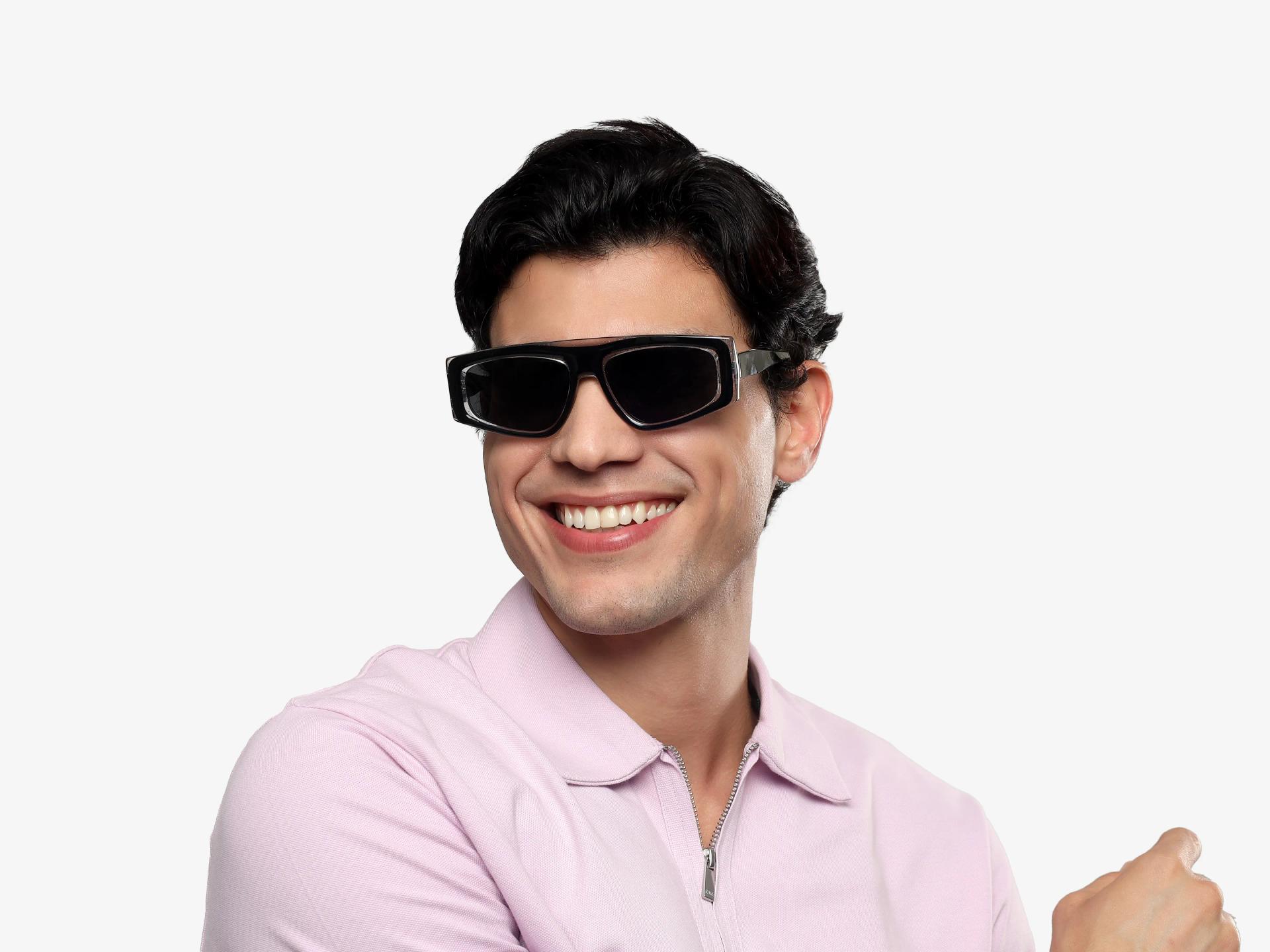 Black Flat-Top Geometric Unisex Sunglasses With Grey Tint-1