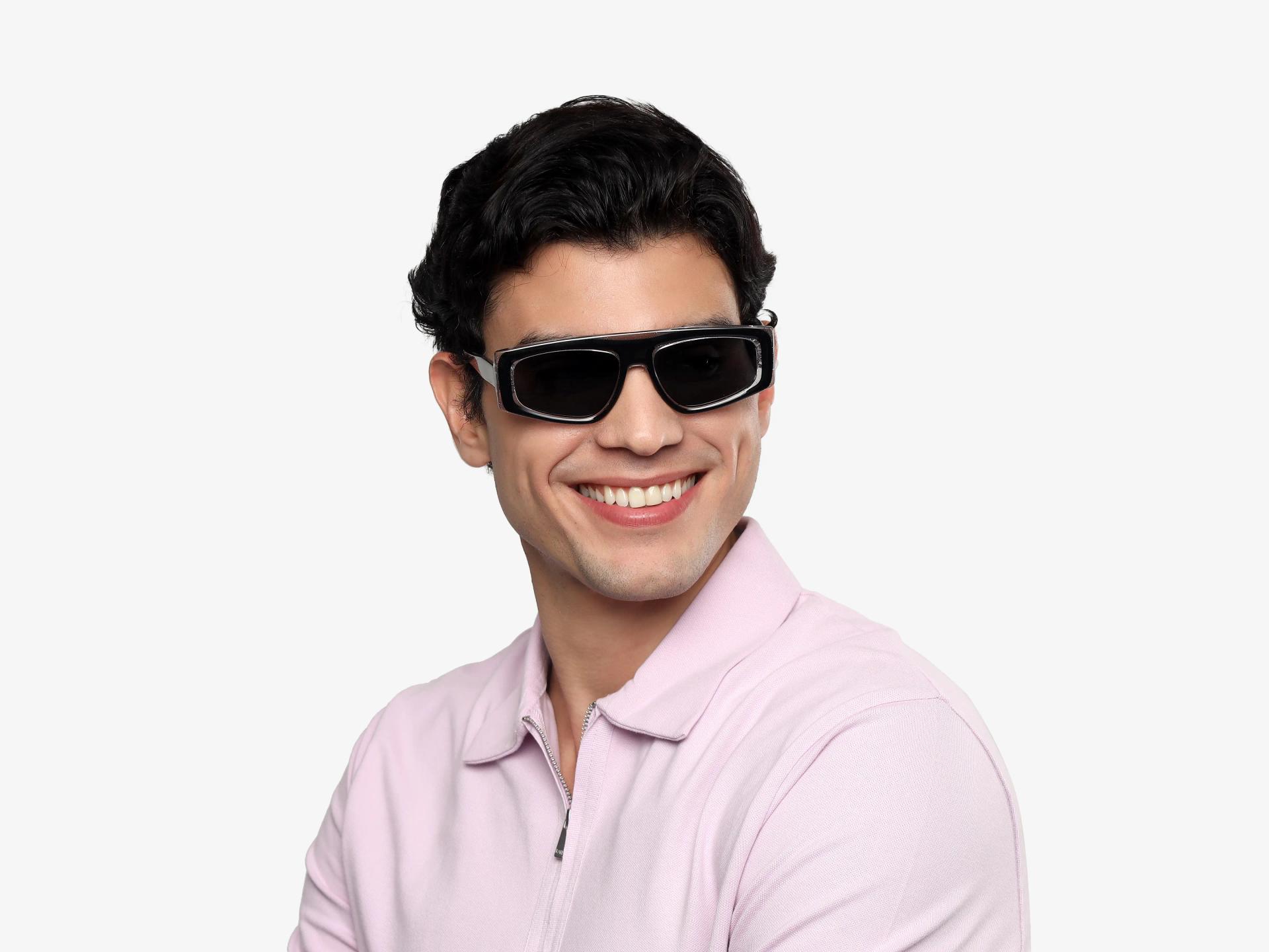 Black Flat-Top Geometric Unisex Sunglasses With Grey Tint-1