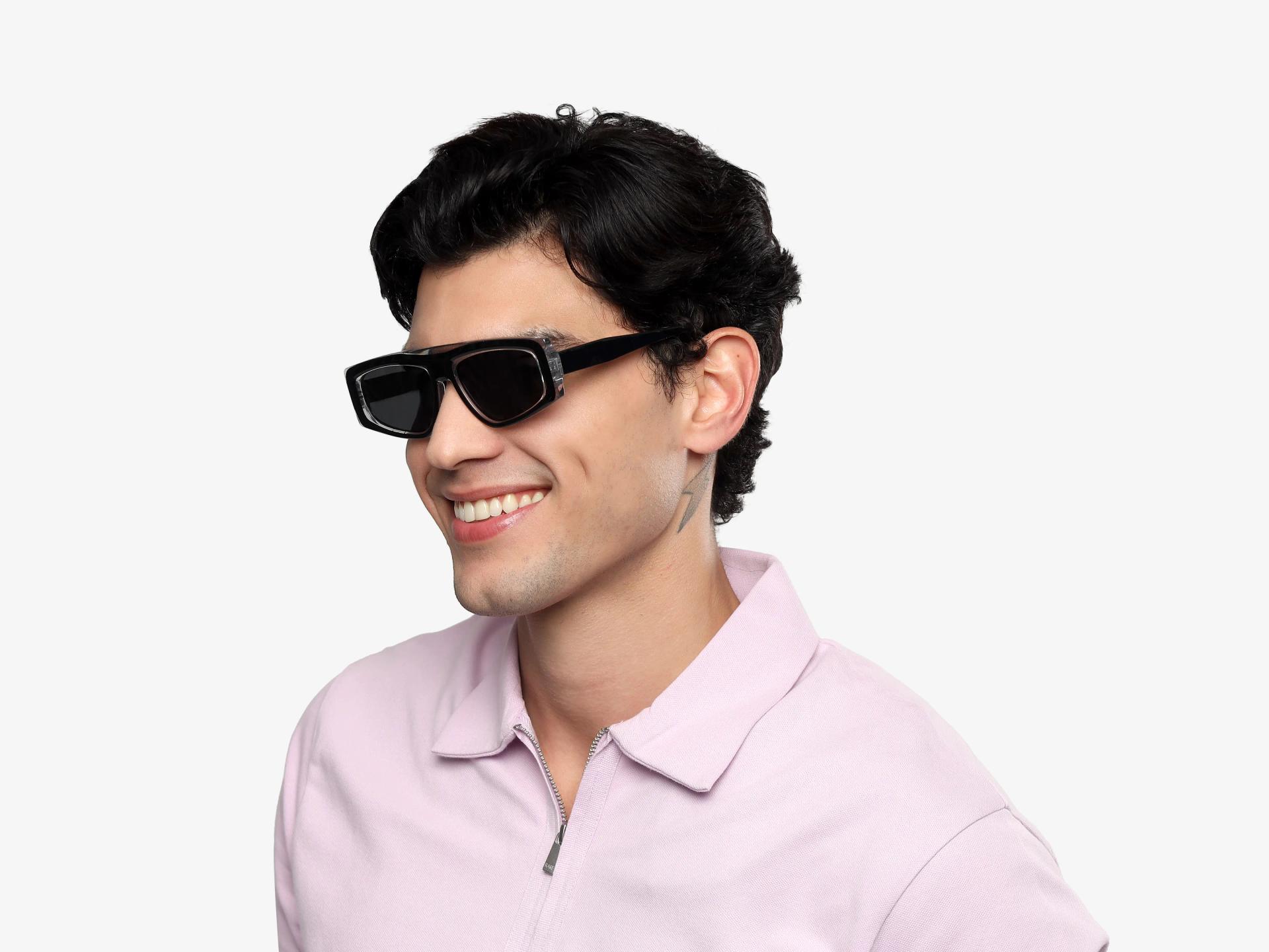 Black Flat-Top Geometric Unisex Sunglasses With Grey Tint-1
