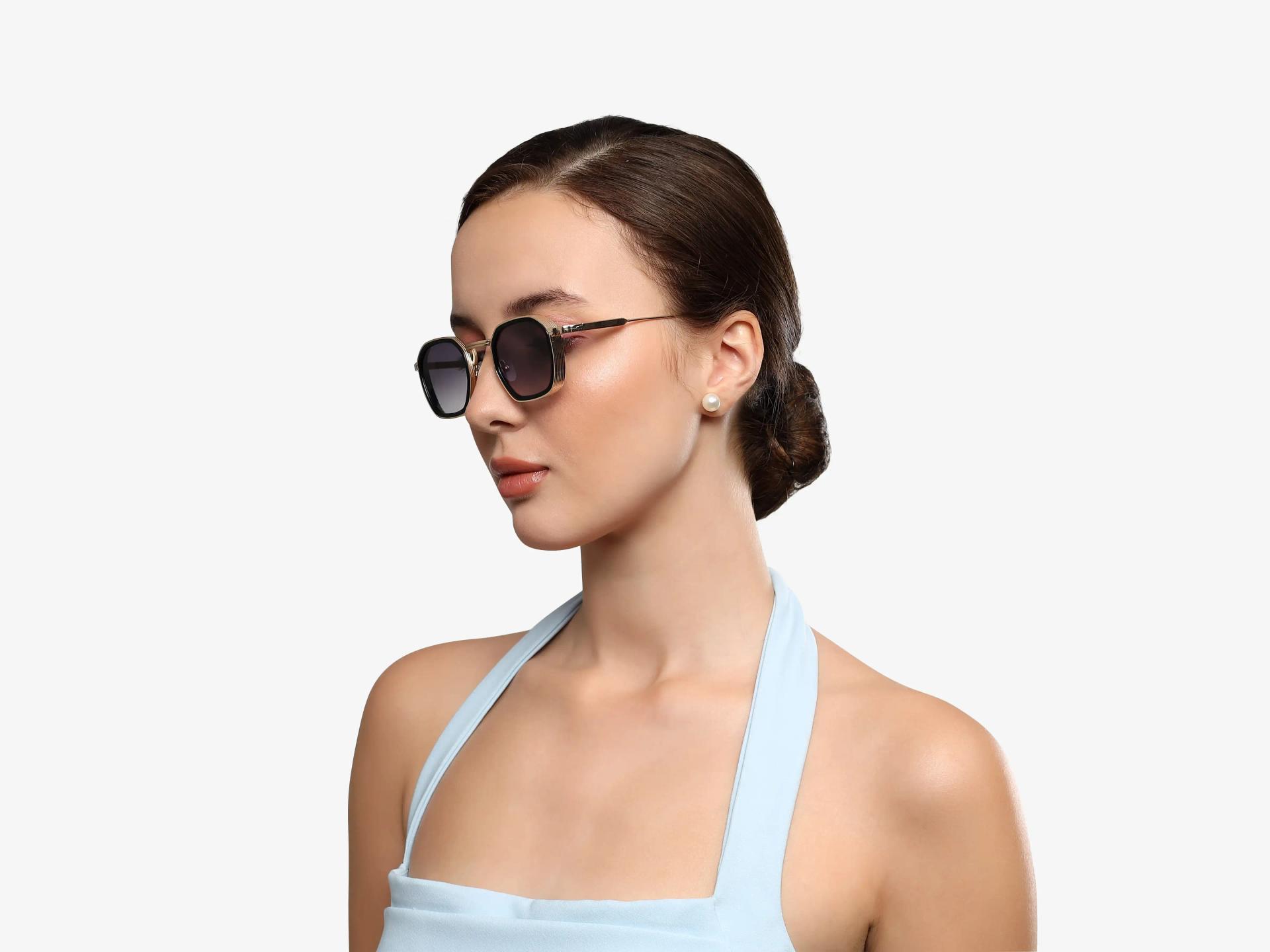 Gold & Grey Frame With Grey Tint Geometric Sunglasses-1