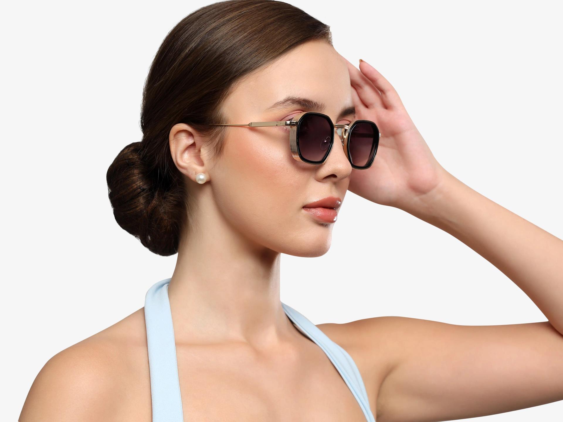 Gold & Grey Frame With Grey Tint Geometric Sunglasses-1