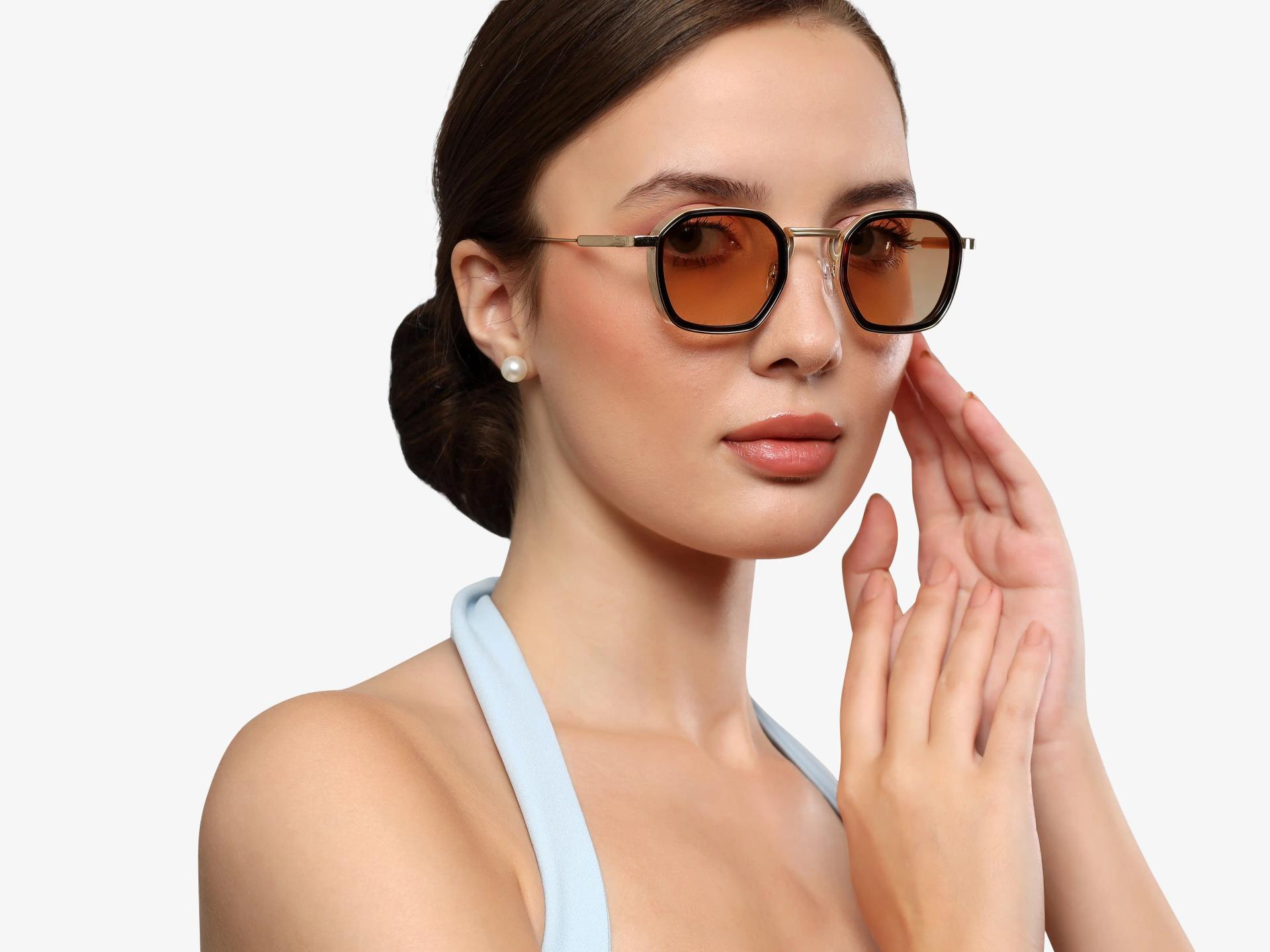 Gold & Brown Frame With Brown Tint Geometric Sunglasses-1