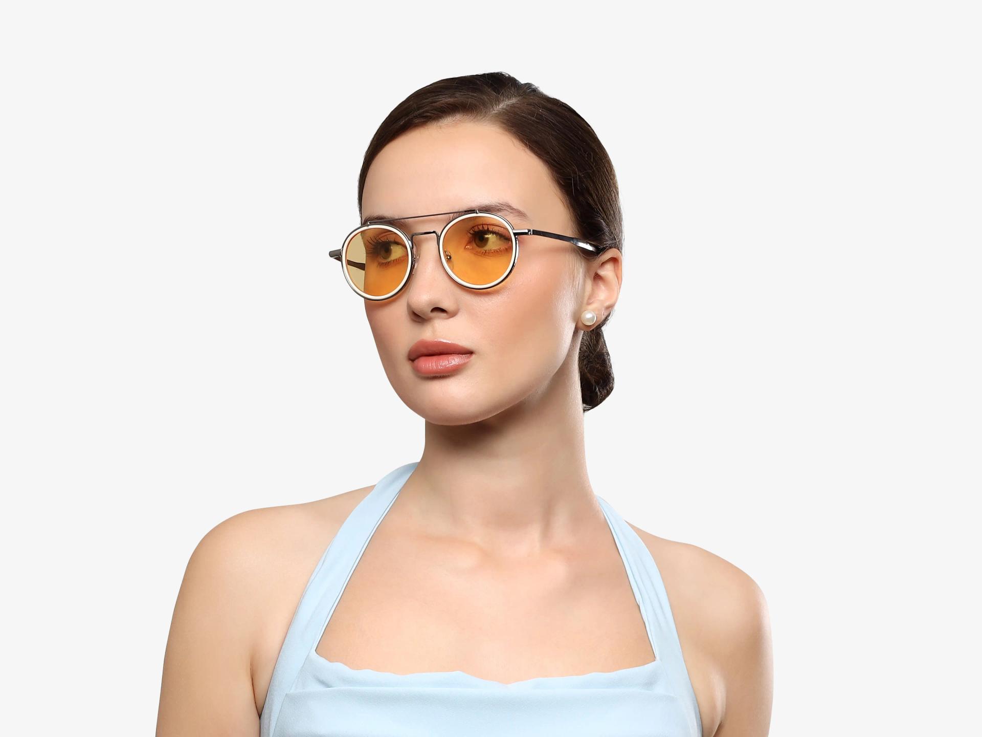 Vintage Silver Round Pilot Frame With Yellow Tint Sunglasses-1