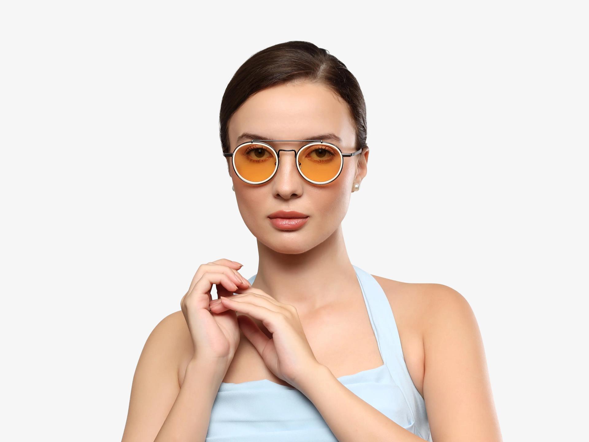 Vintage Silver Round Pilot Frame With Yellow Tint Sunglasses-1
