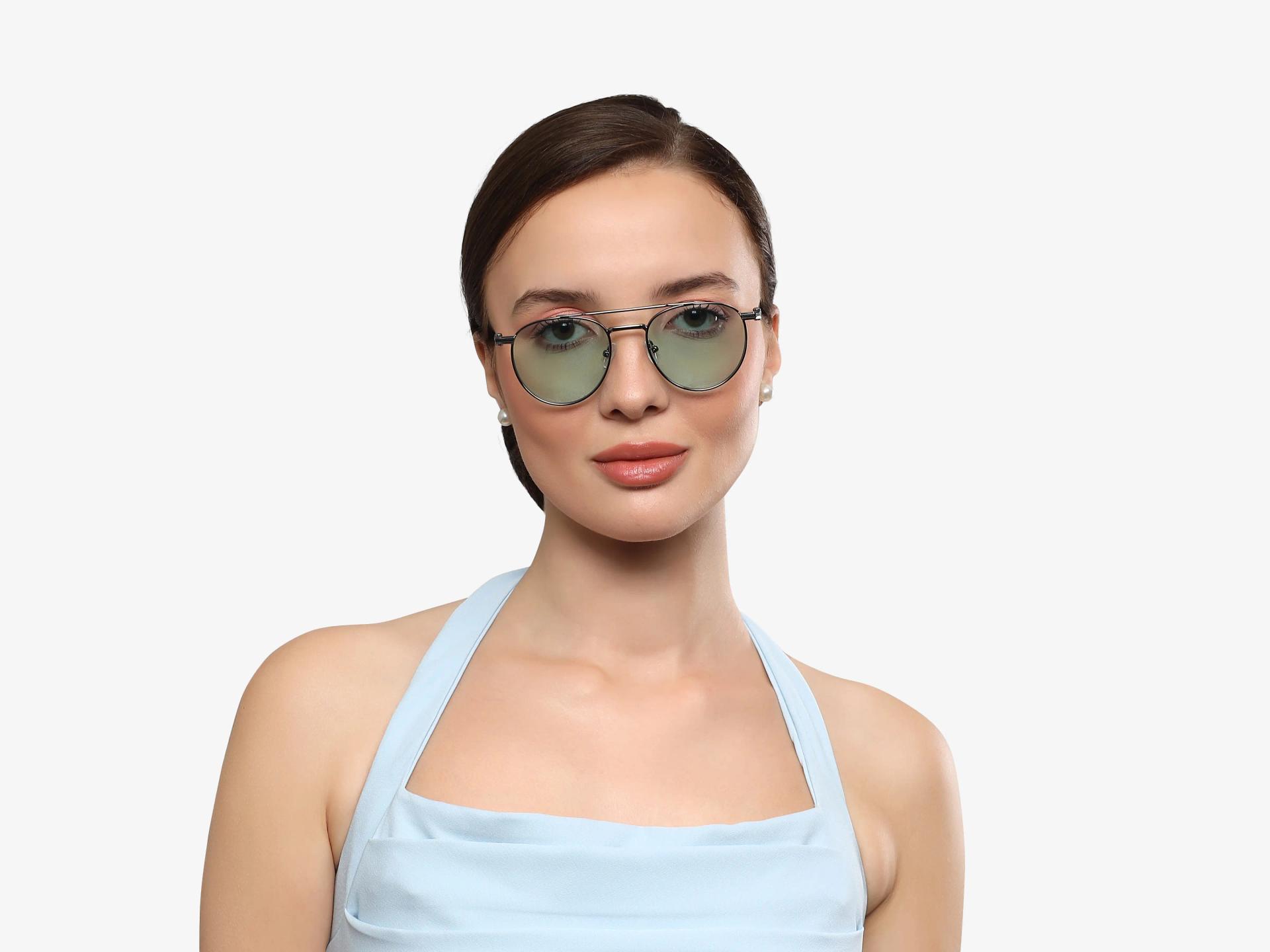 Silver Double Bridge Frame With Green Tint Sunglasses