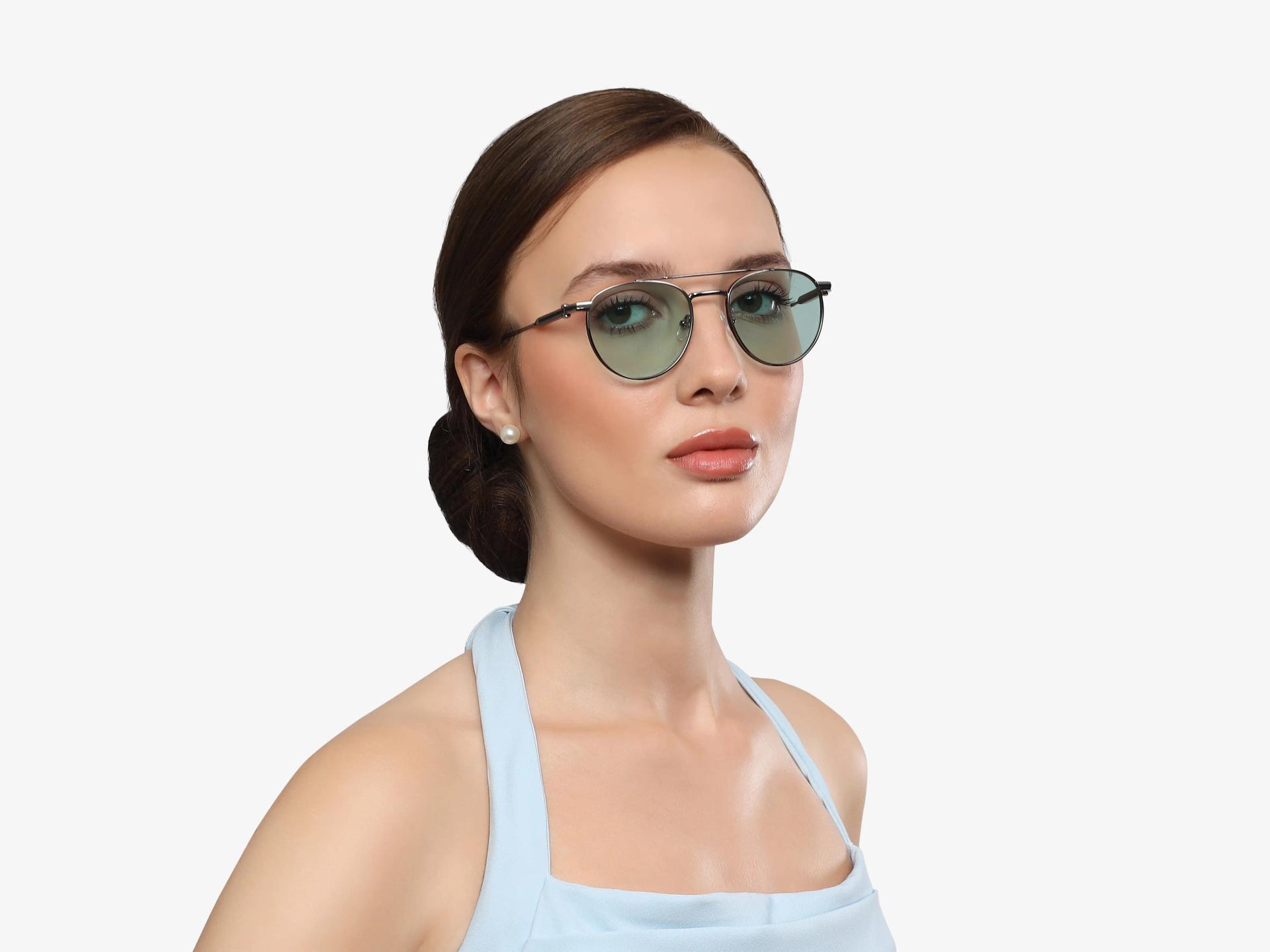 Silver Double Bridge Frame With Green Tint Sunglasses