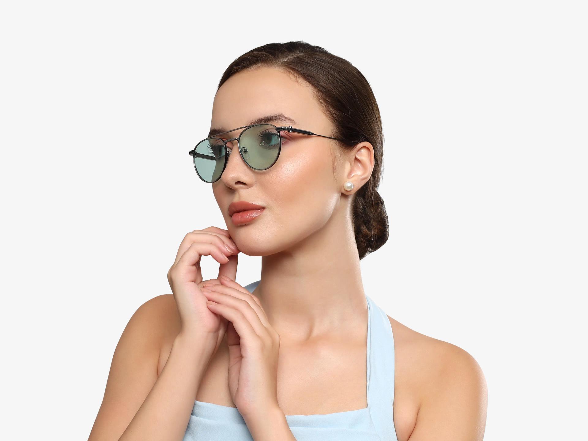 Silver Double Bridge Frame With Green Tint Sunglasses