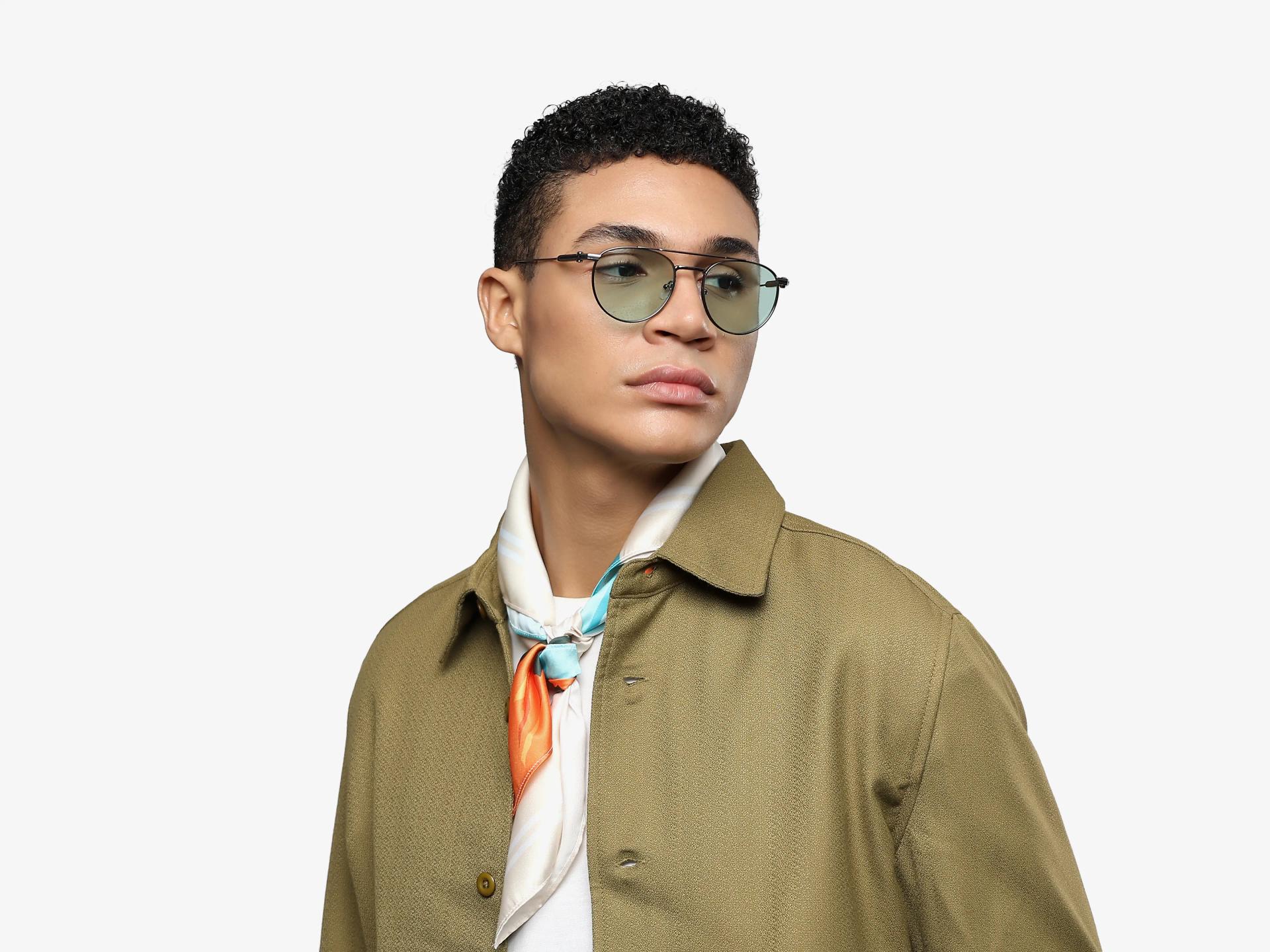 Silver Double Bridge Frame With Green Tint Sunglasses