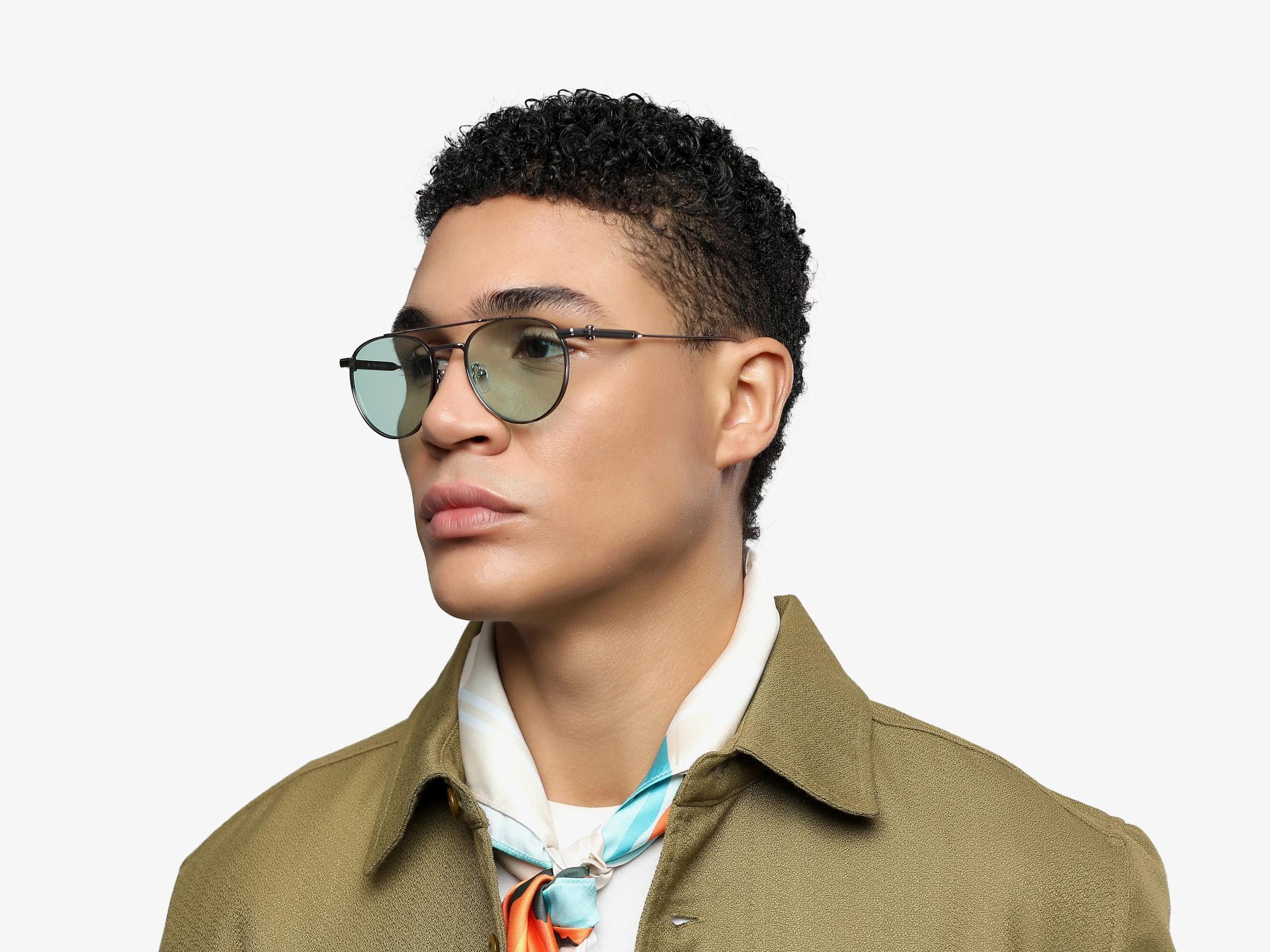 Silver Double Bridge Frame With Green Tint Sunglasses