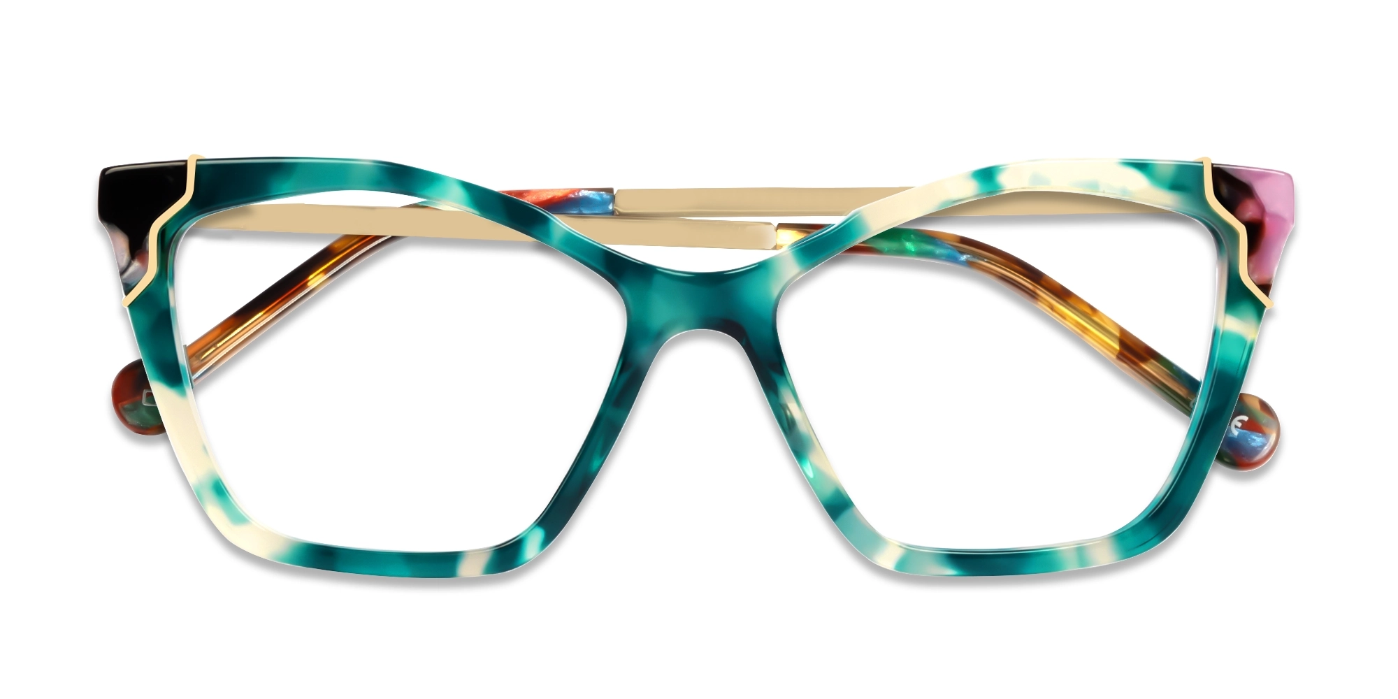 Green Tortoise Cateye Fullrim Mixed Material Glasses-6