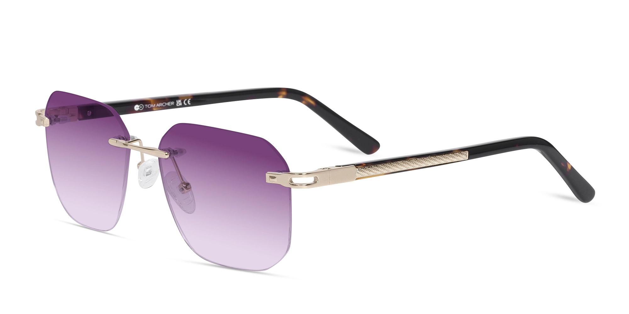 Gold Rectangular Rimless Purple Tint Sunglasses-3