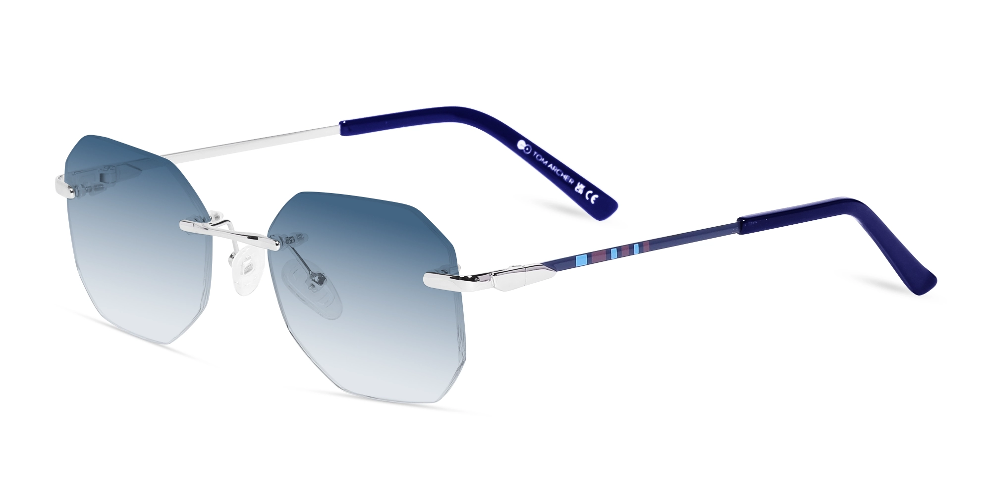 Silver Geometric Rimless Blue Tint Sunglasses-3