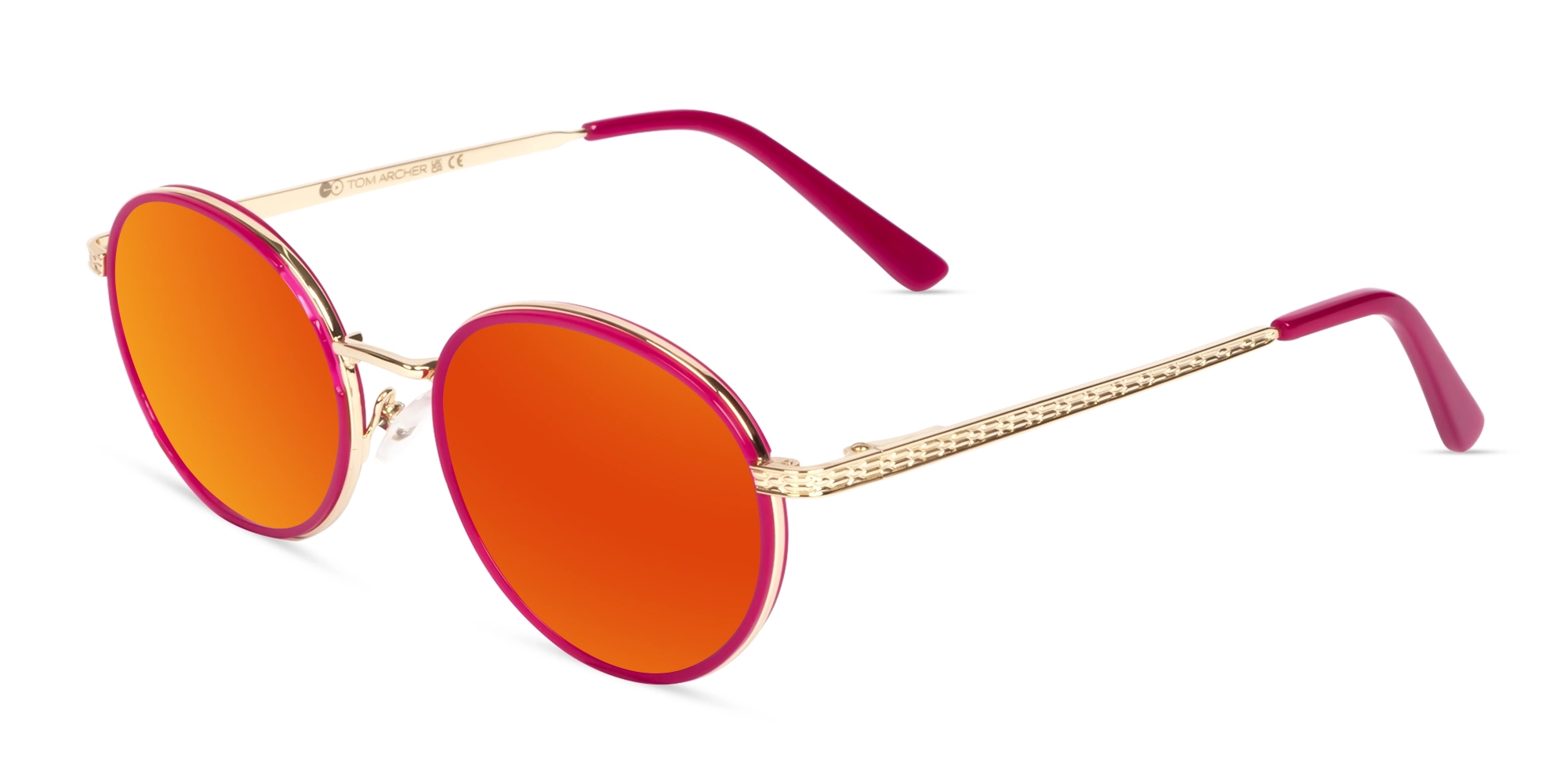 Fuchsia & Gold Round Mirrored Red Tint Sunglasses-3
