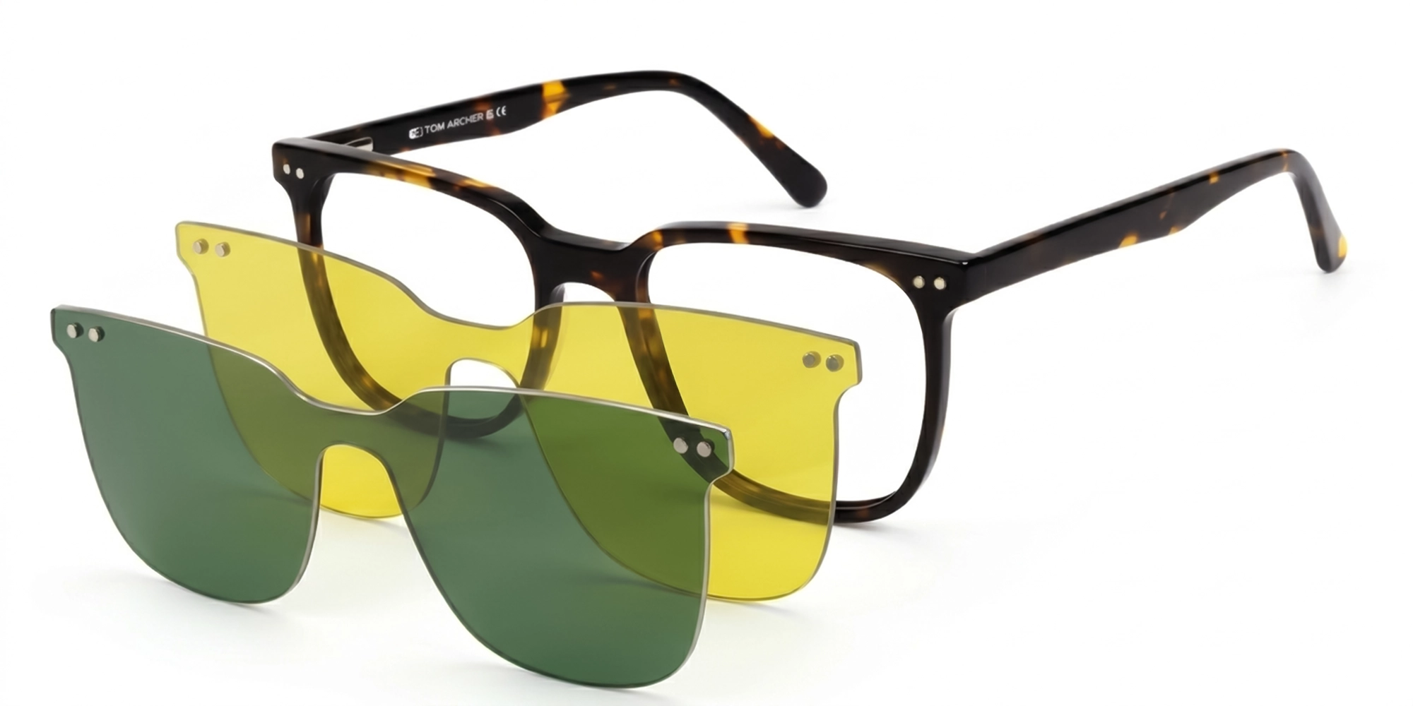 Tortoise Clip-On Glasses with Green & Yellow Lenses