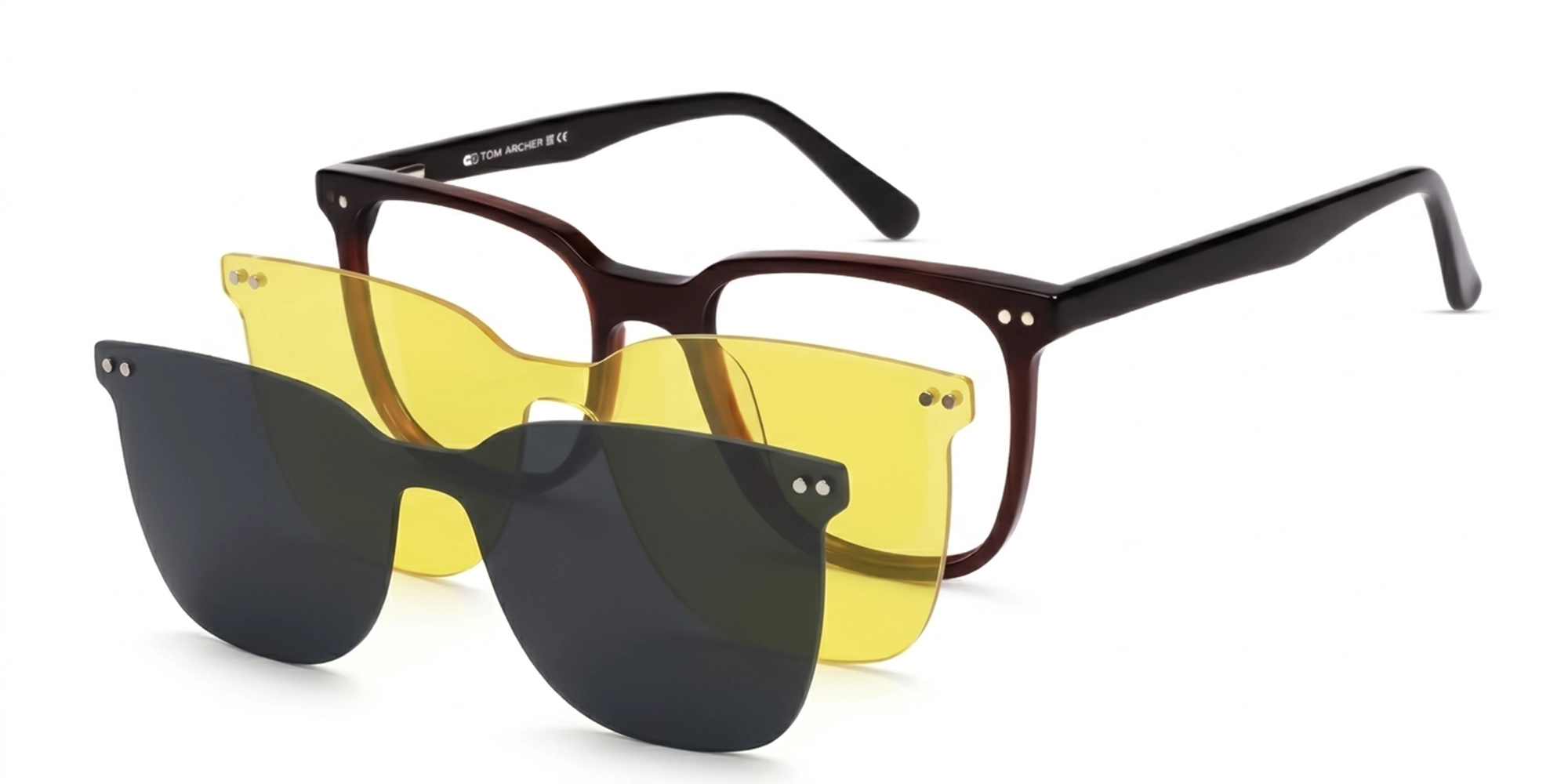 Dark Chestnut Clip-On Glasses with Yellow & Grey Lenses