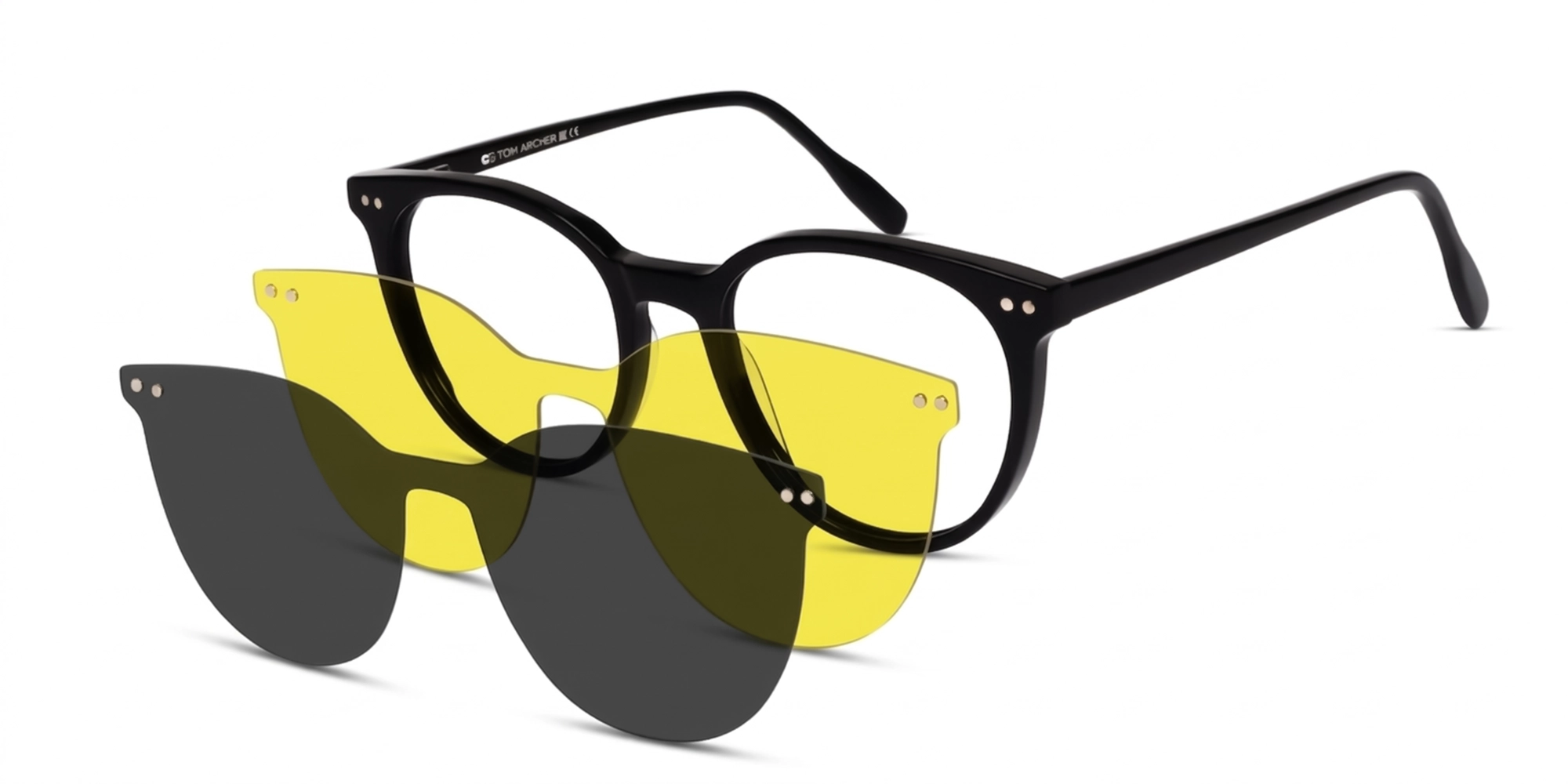Black Clip-On Glasses with Yellow & Dark Grey Lenses