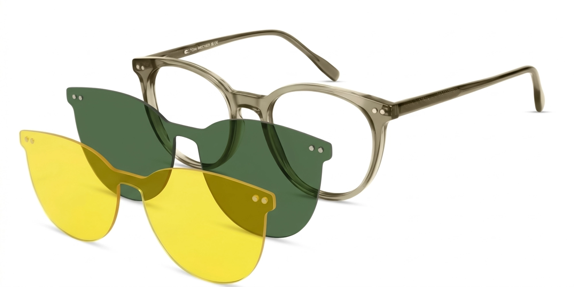 Crystal Brown Clip-On Glasses with Green & Yellow Lenses