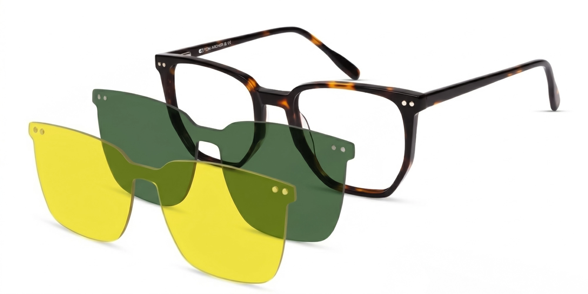 Tortoise Clip-On Glasses with Green & Yellow Lenses