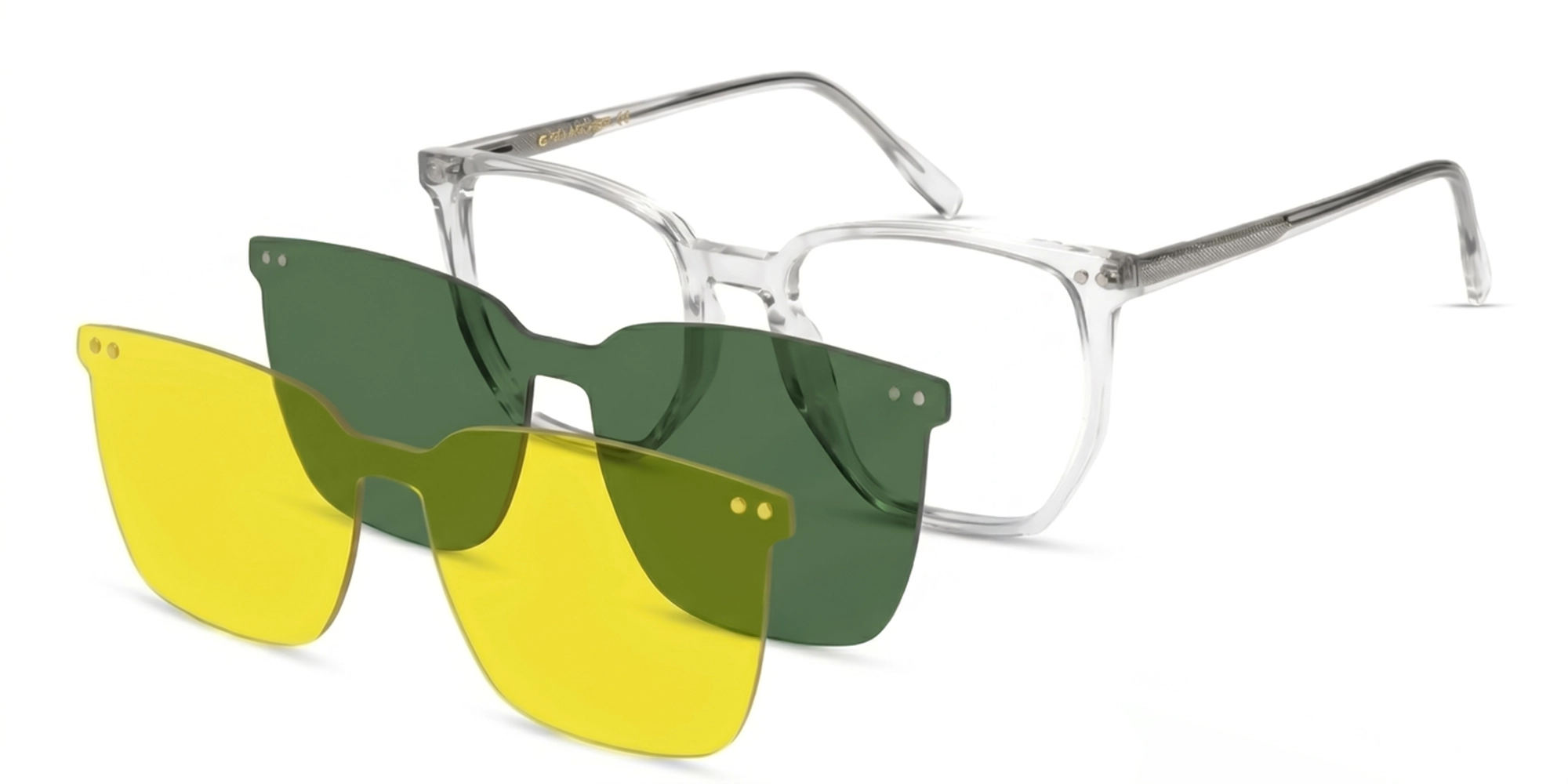 Geometric Crystal Clear Frame With Green & Yellow Clip-on